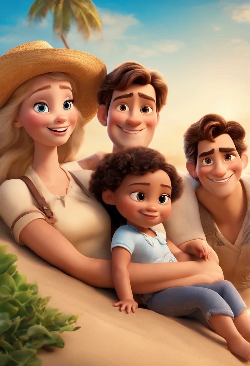 a poster from the Disney Pixar movie showing a family with 3 white-skinned people. Um homem de 27 anos, cabelos e olhos castanhos com uma camisa preta e bermuda branca, A 27-year-old woman with medium-sized brown hair and brown eyes, with a blonde blue eyed 2 month old baby girl, no colo do pai. The background is a beach garden. 3D-rendering