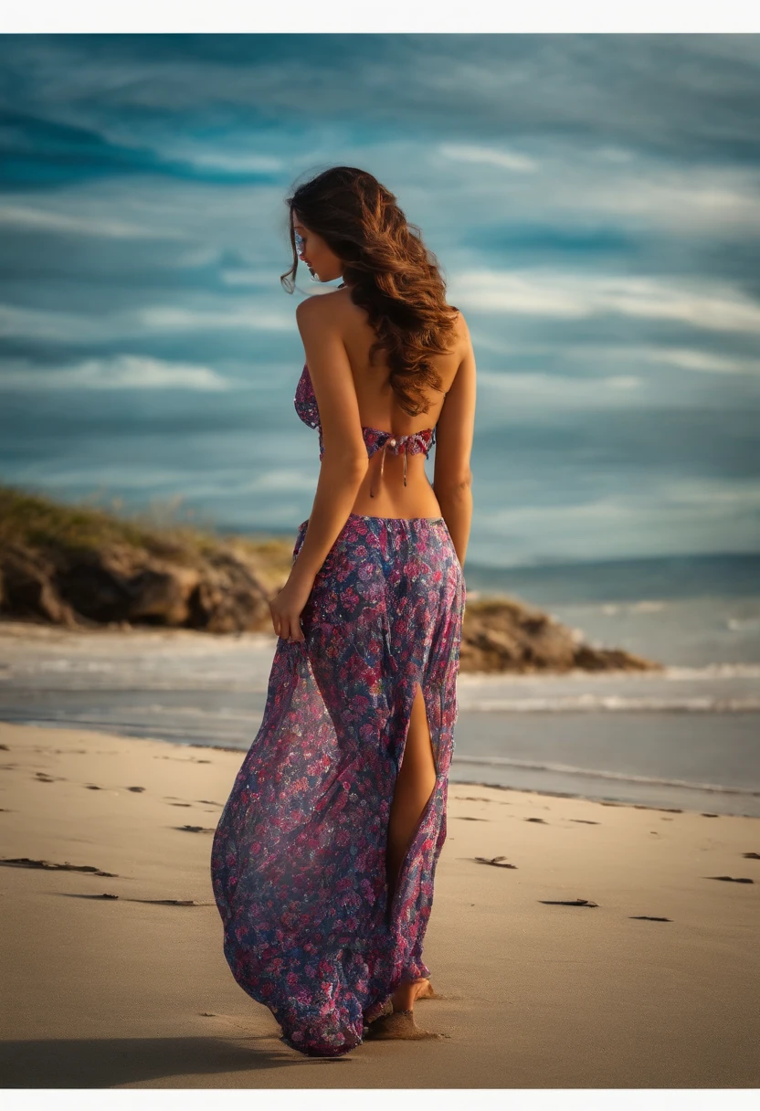 photorealistic, beautiful female, curved body, smiling, walking by the beach, perfect polished, photoshop fixed, siliconed boobs, large breast, [gradient blue tatoo at the left arm], wearing jewelry and silk robe