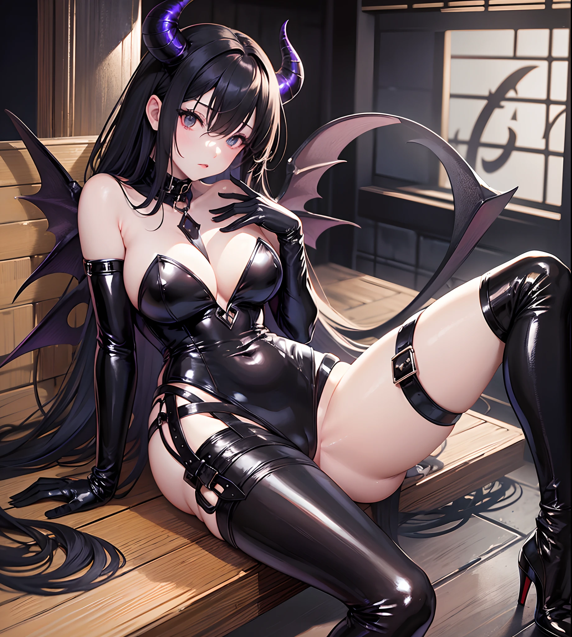 Succubus, little horn, on the back bat wings, pale skin, totally black eyes, anime style, wide hip, extreme beauty, full body, black leather leotard, sauna background --auto --s2