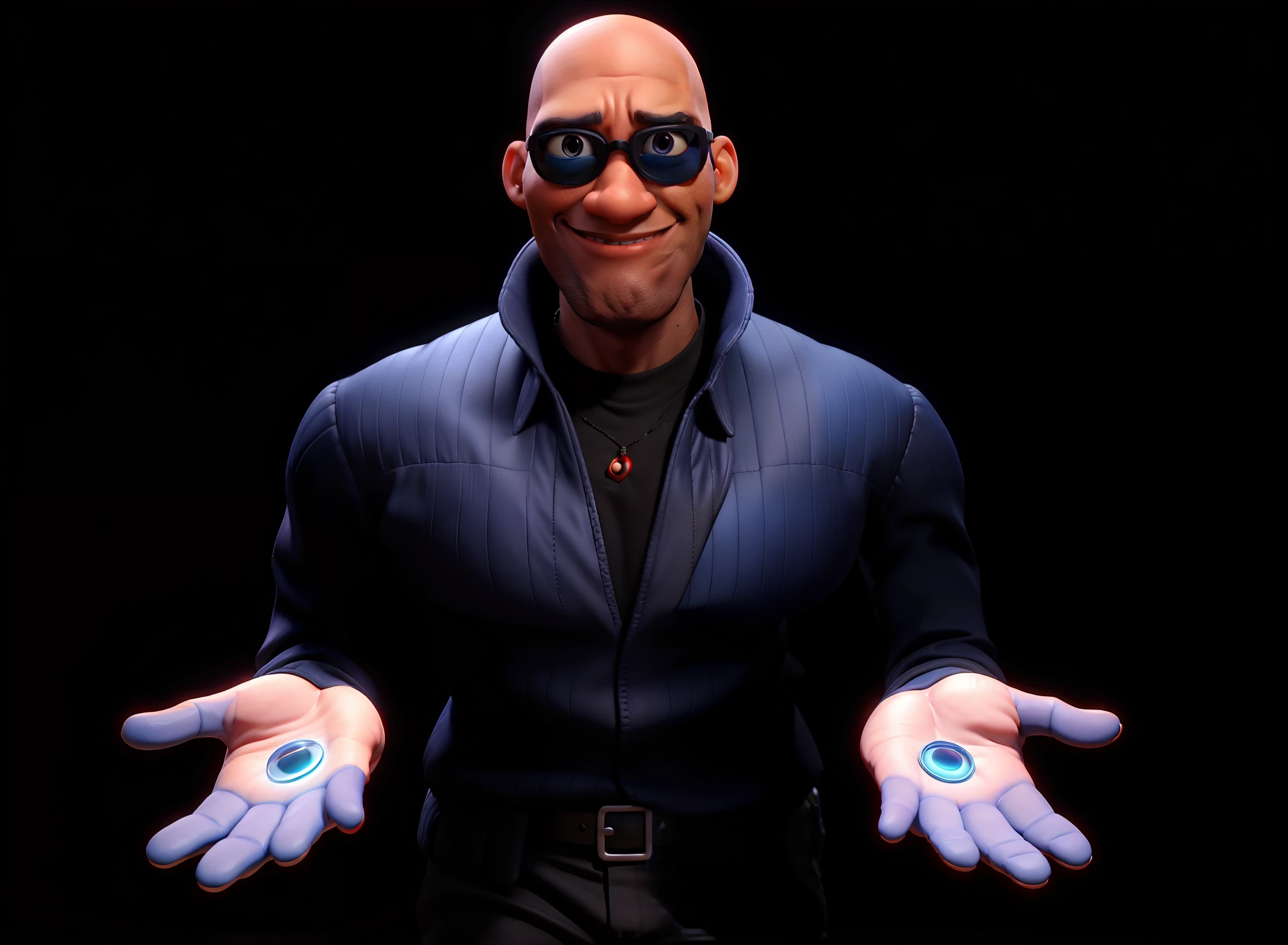 Black Morpheus with a red pill in his right hand and a blue pill in his left hand Disney Pixar style