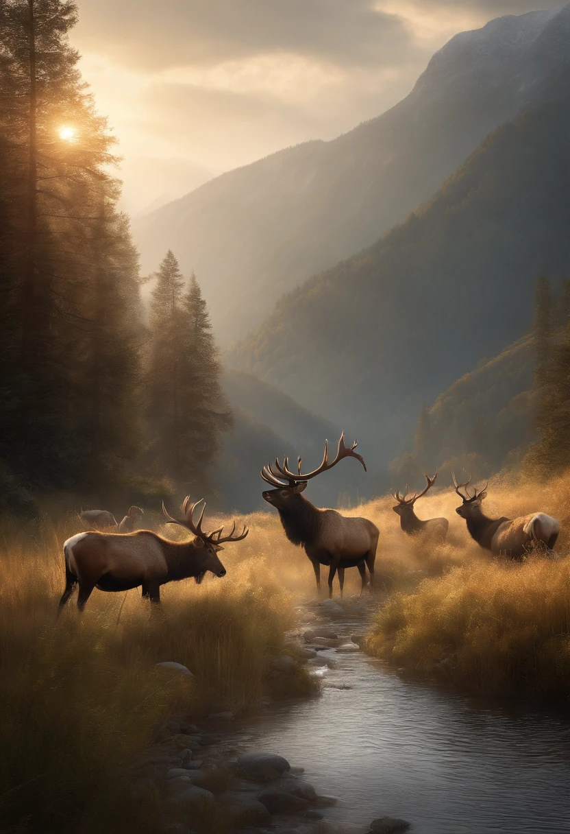 (masterpiece),best quality,(8k, high res, masterpiece:1.2),ultra-detailed,a herd of elks walking along a river in a mountain valley,illustration,oil painting,photorealistic,vivid colors,natural lighting,fine brushstrokes,detailed antlers,tall grass swaying in the breeze,serene atmosphere,glimmering water reflections,trees casting long shadows,ethereal mist hovering above the mountains,subtle sunlight filtering through the leaves,breathtaking landscape.