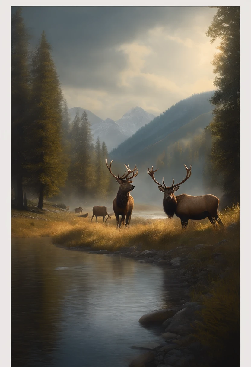 (masterpiece),best quality,(8k, high res, masterpiece:1.2),ultra-detailed,a herd of elks walking along a river in a mountain valley,illustration,oil painting,photorealistic,vivid colors,natural lighting,fine brushstrokes,detailed antlers,tall grass swaying in the breeze,serene atmosphere,glimmering water reflections,trees casting long shadows,ethereal mist hovering above the mountains,subtle sunlight filtering through the leaves,breathtaking landscape.