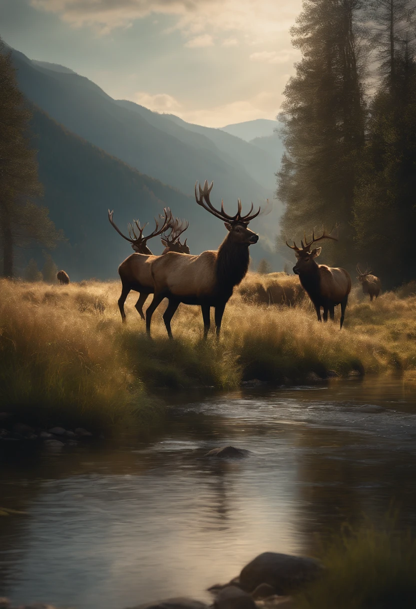 (masterpiece),best quality,(8k, high res, masterpiece:1.2),ultra-detailed,a herd of elks walking along a river in a mountain valley,illustration,oil painting,photorealistic,vivid colors,natural lighting,fine brushstrokes,detailed antlers,tall grass swaying in the breeze,serene atmosphere,glimmering water reflections,trees casting long shadows,ethereal mist hovering above the mountains,subtle sunlight filtering through the leaves,breathtaking landscape.