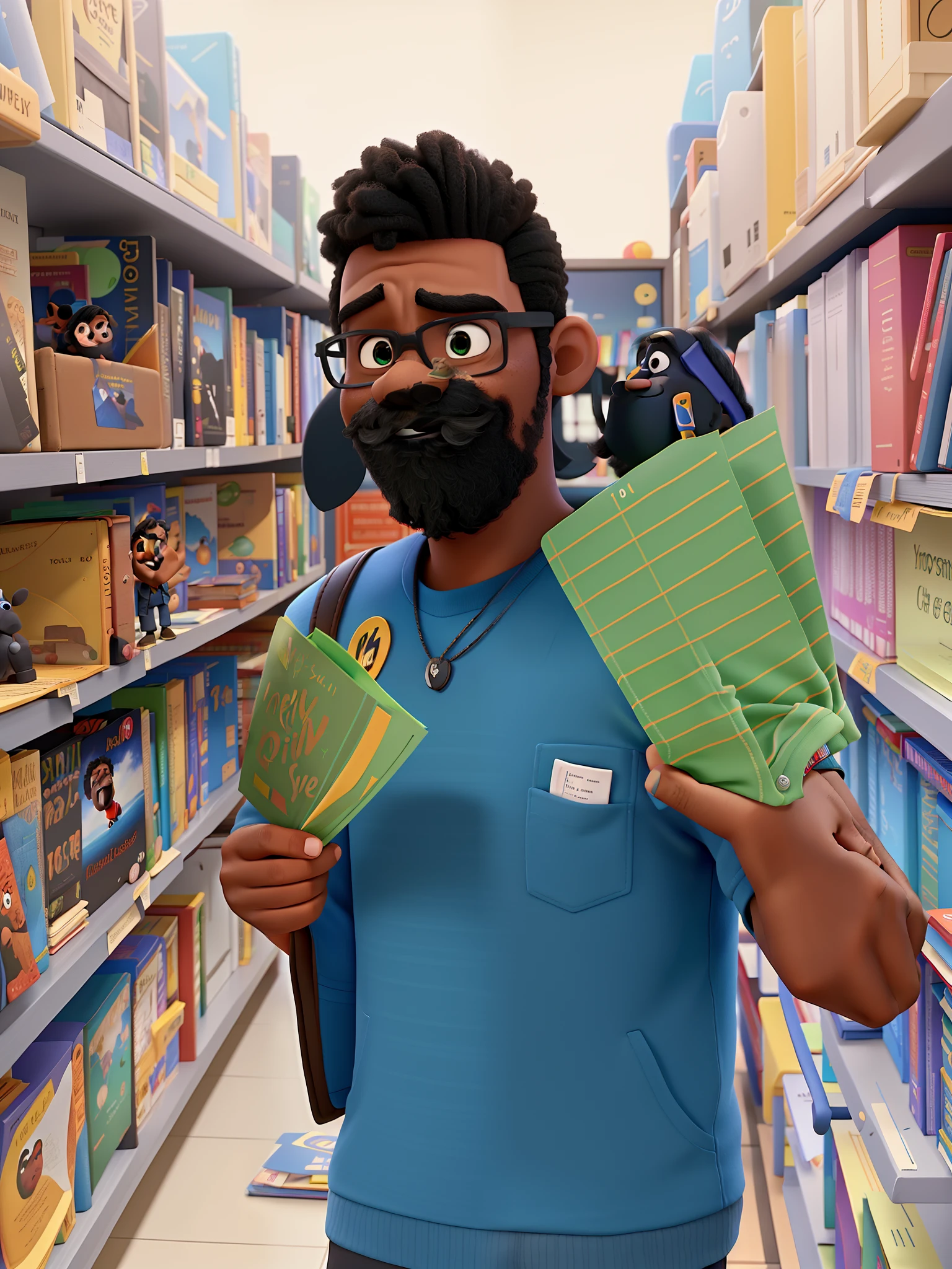 Um homem negro em uma biblioteca estilo Disney Pixar, melhor qualidade, alta qualidade