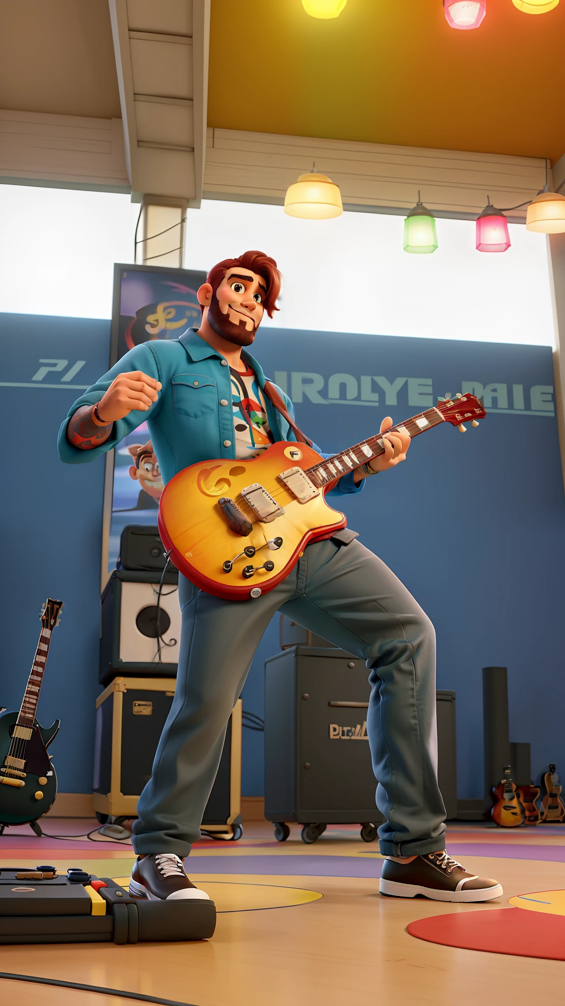 Um homem moreno de cabelos pretos, barba curta preta, tocando uma gibson les paul custom preta, num show de rock, estilo Disney pixar