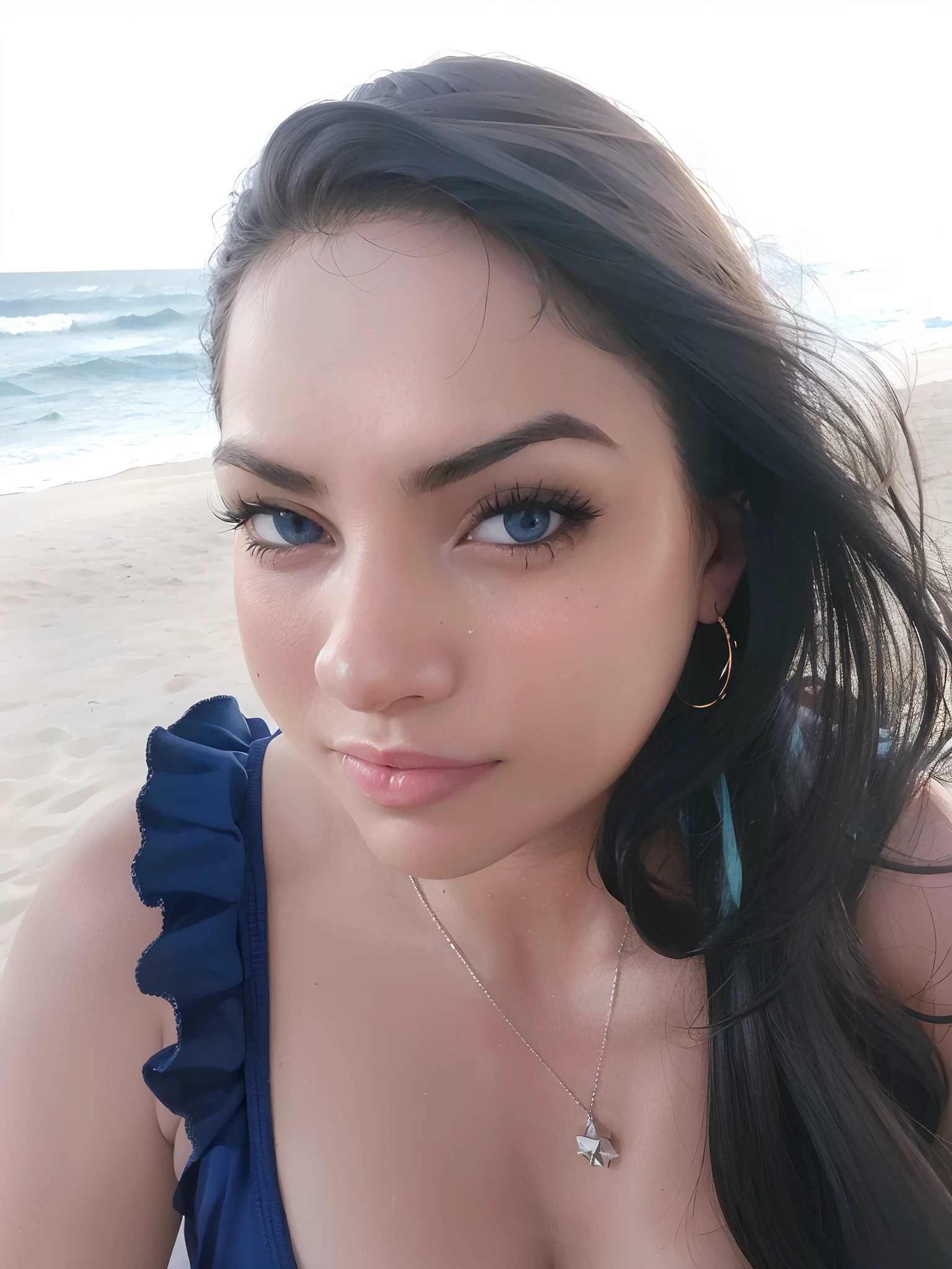 There's a woman who's sitting on the beach in a blue dress, 3 0 anos de idade mulher, Mulher de 30 anos, 38 anos, 3 2 anos, 3 6 anos, lindo rosto latino, na praia, Mulheres de 40 anos, foto de praia, imagem de perfil, 2 9 anos, blue symmetric eyes 24yo