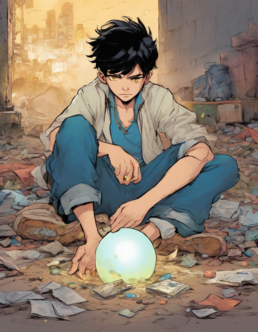 1boy, orphan, sitting on ground, holding a glowing blue pearl, shocked, shabby cloths, looking at the Perl, solo, full body, yellow eyes, sitting on ground, garbage's around him, messy hair, black hair, ripped old cloth