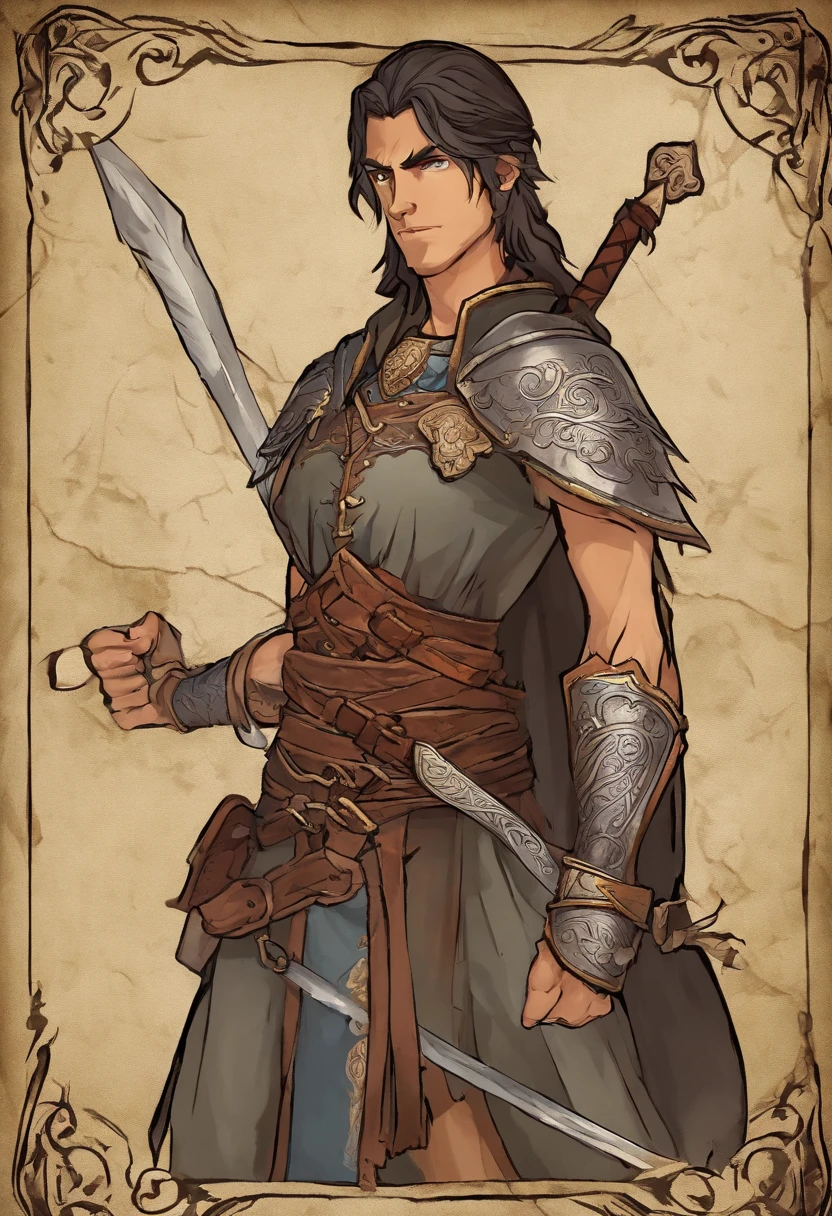 Tarrin is an imposing warrior, com uma postura robusta e musculatura definida, que reflete sua habilidade na batalha. Your skin is tanned by the sun, And his deep, attentive eyes reflect his connection to the earth. Her dark hair is short and matted, often covered by a leather bandana that keeps the wires away from his face during battle. Vestido com armadura feita de pedra e couro resistente, ele carrega consigo um martelo de guerra ornamentado, que pulsa com a energia da terra que ele comanda.