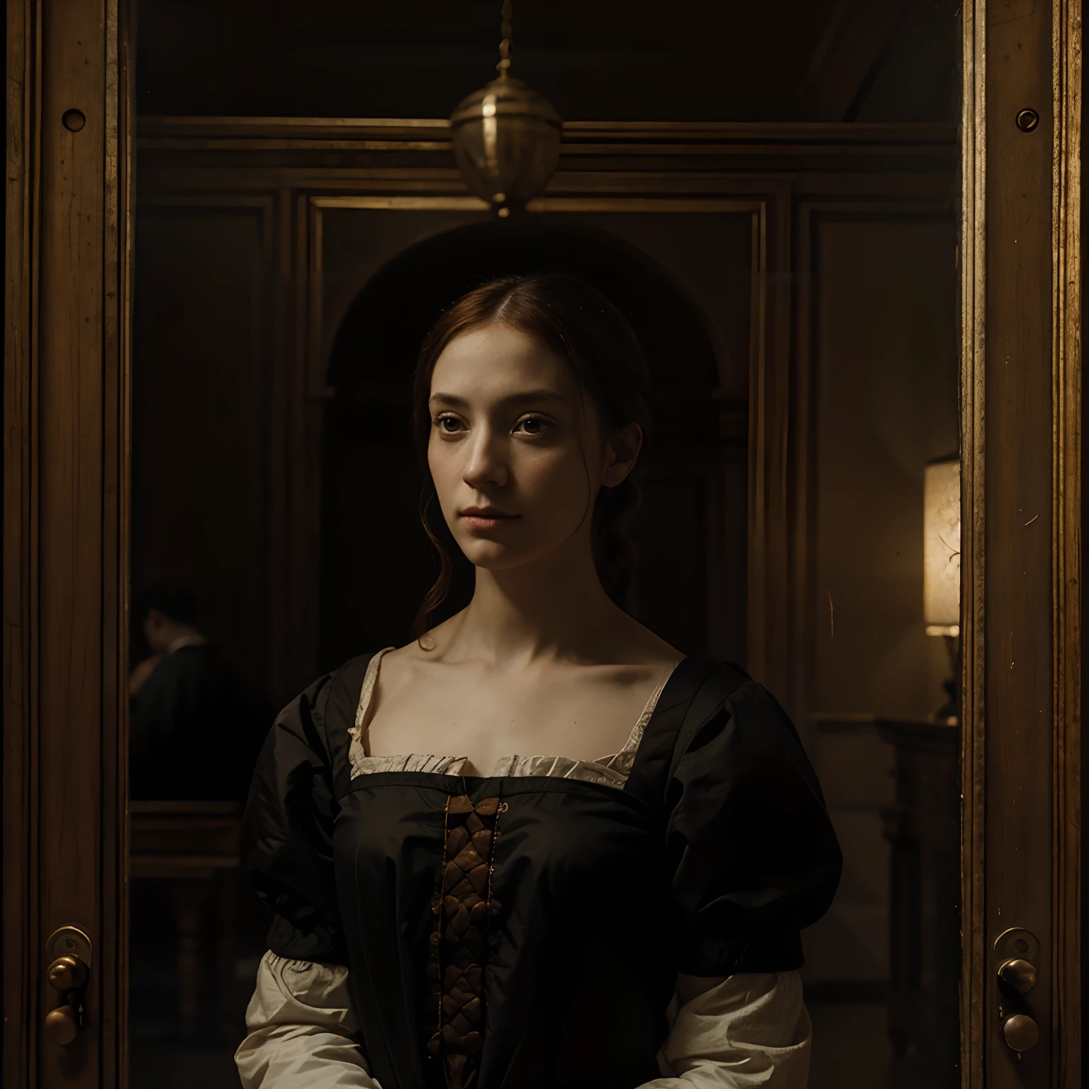 Classical painting of a mourning woman crying and peeling apples, looking out window, gloomy, painful, dramatic, her husbands ghost is looking at her lovingly