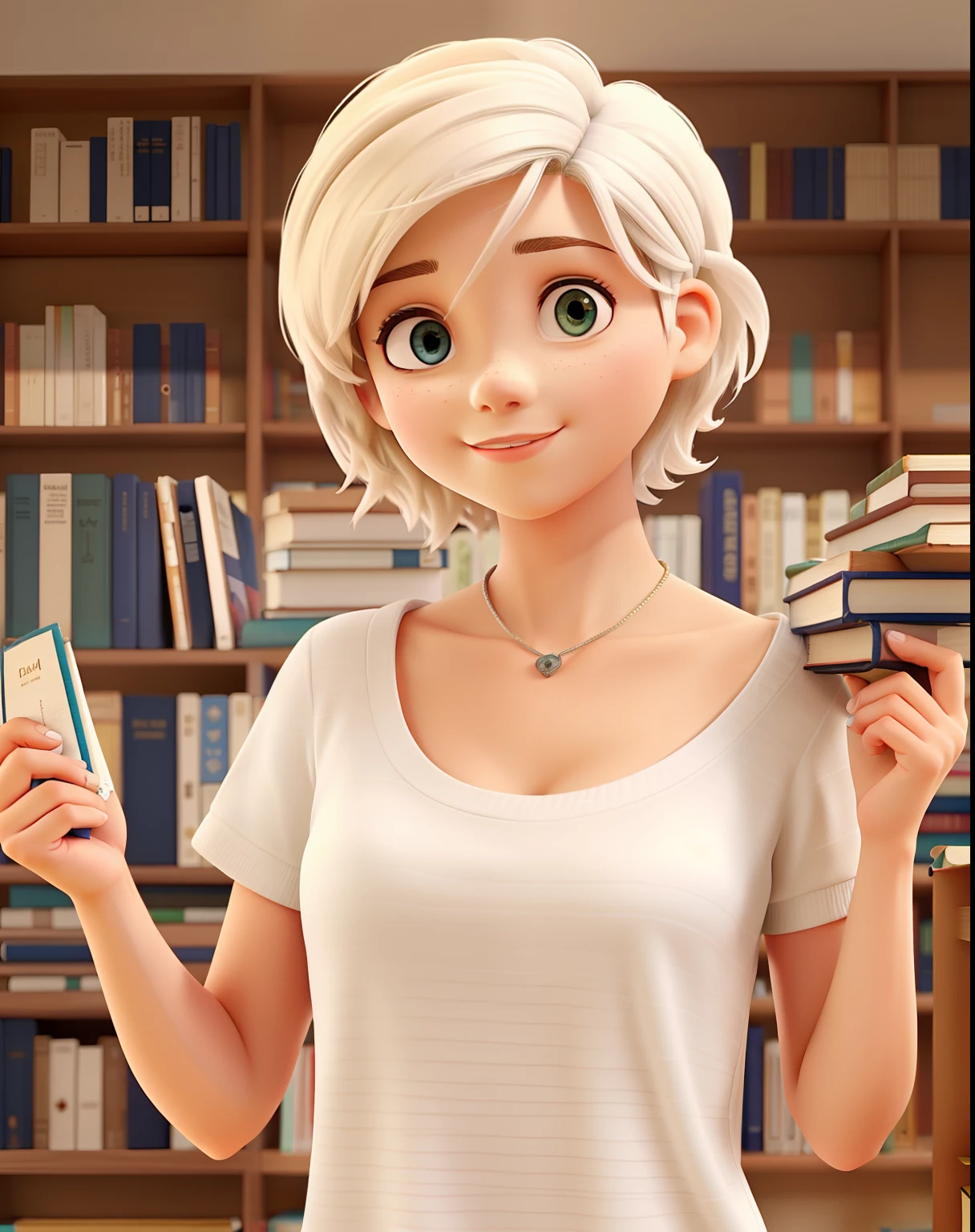 A white girl with short hair Pixie, em uma cadeira de rodas em uma biblioteca