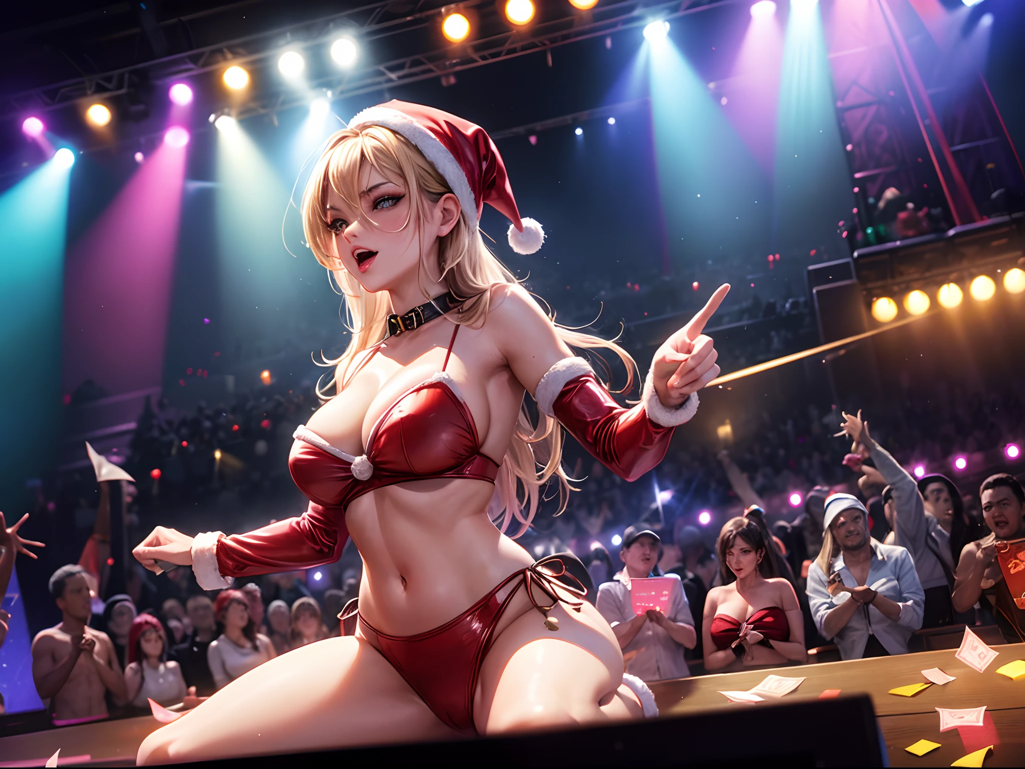 best quality,4k,8k,highres,masterpiece:1.2,ultra-detailed,realistic,sharp focus,professional,vivid colors,portraits,painting,stripper club,dollar bills,stripper stage,Santa Clause,Papa Smurf,dancing,strobe lights,dark atmosphere,sexy outfits,excited crowd,thick smoke,glamorous makeup,provocative moves,entertaining performance,night scene,music beats,flashing neon lights,audience interaction,energetic atmosphere,naughty fun,party vibe,money raining,banknotes flying,colored spotlights,atmospheric shadows,exceptional artistry,striking poses,mesmerizing moments,alluring gestures,colorful reflections,creative compositions,expressive dancing,stripper’s charm