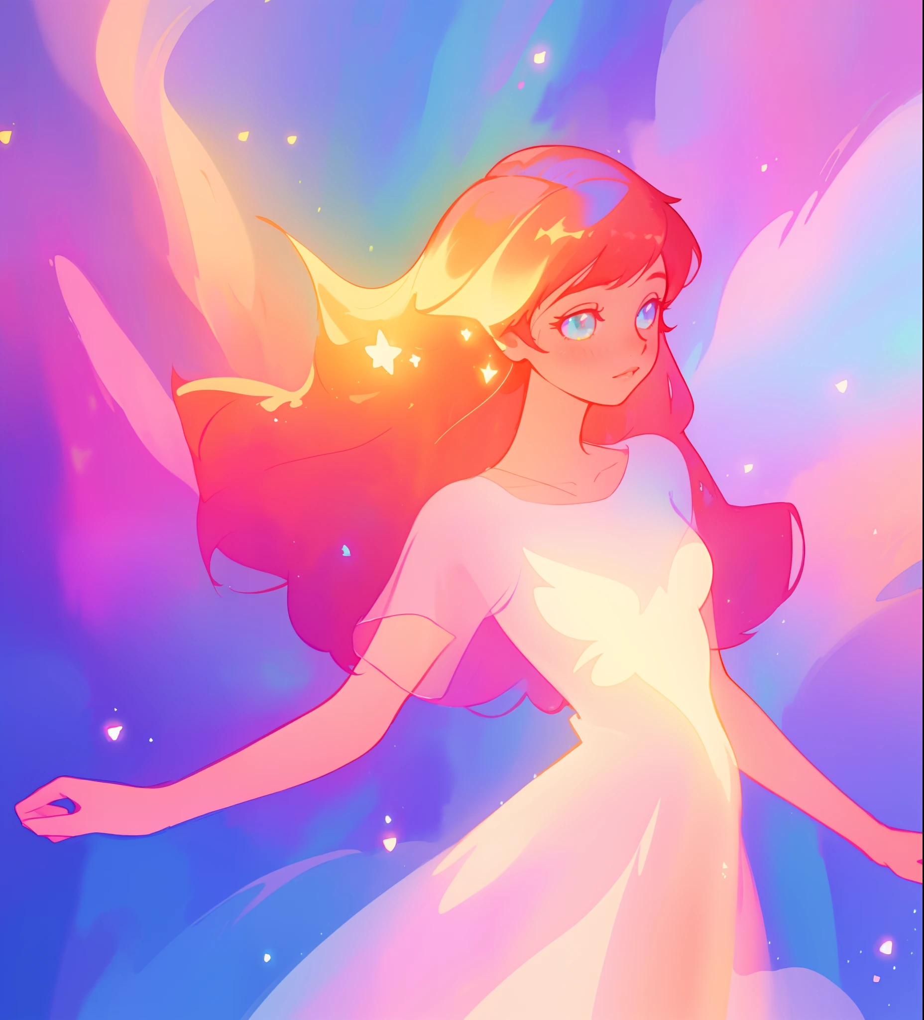 beautiful girl in colorful ballgown, long flowing red hair with golden highlights, vibrant pastel colors, (colorful), colorful watercolor background, ethereal, magical lights, sparkling liquid light, inspired by Glen Keane, inspired by Lois van Baarle, disney art style, by Lois van Baarle, glowing aura around her, by Glen Keane, jen bartel, glowing lights! digital painting, flowing glowing hair, glowing flowing hair, beautiful digital illustration, fantasia background, whimsical, magical, fantasy, beautiful face, ((masterpiece, best quality)), intricate details, highly detailed, sharp focus, 8k resolution, sparkling detailed eyes, liquid watercolor
