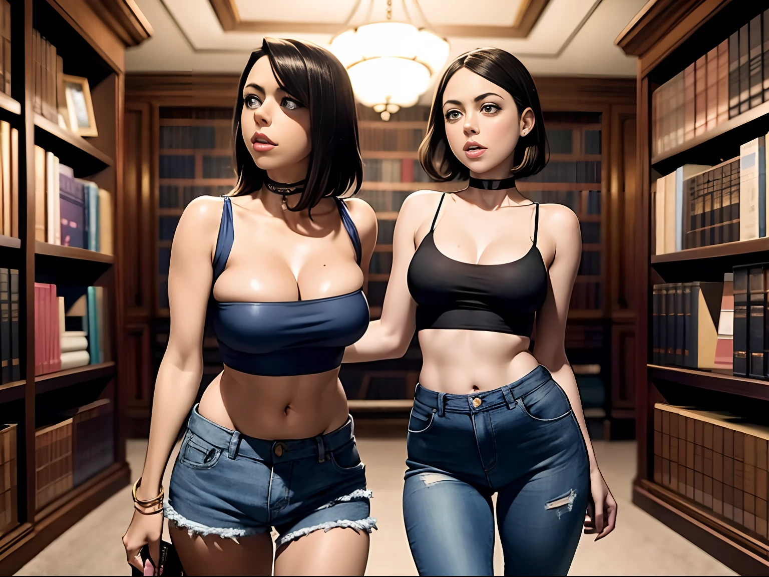 Aubrey Plaza, two girls, mother and daughter, in home library, tall bookshelves in background, studio lighting, wearing black tube top, wearing blue Jean hot pants, choker collar, fishnet stockings, lots of cleavage, tight outfit,