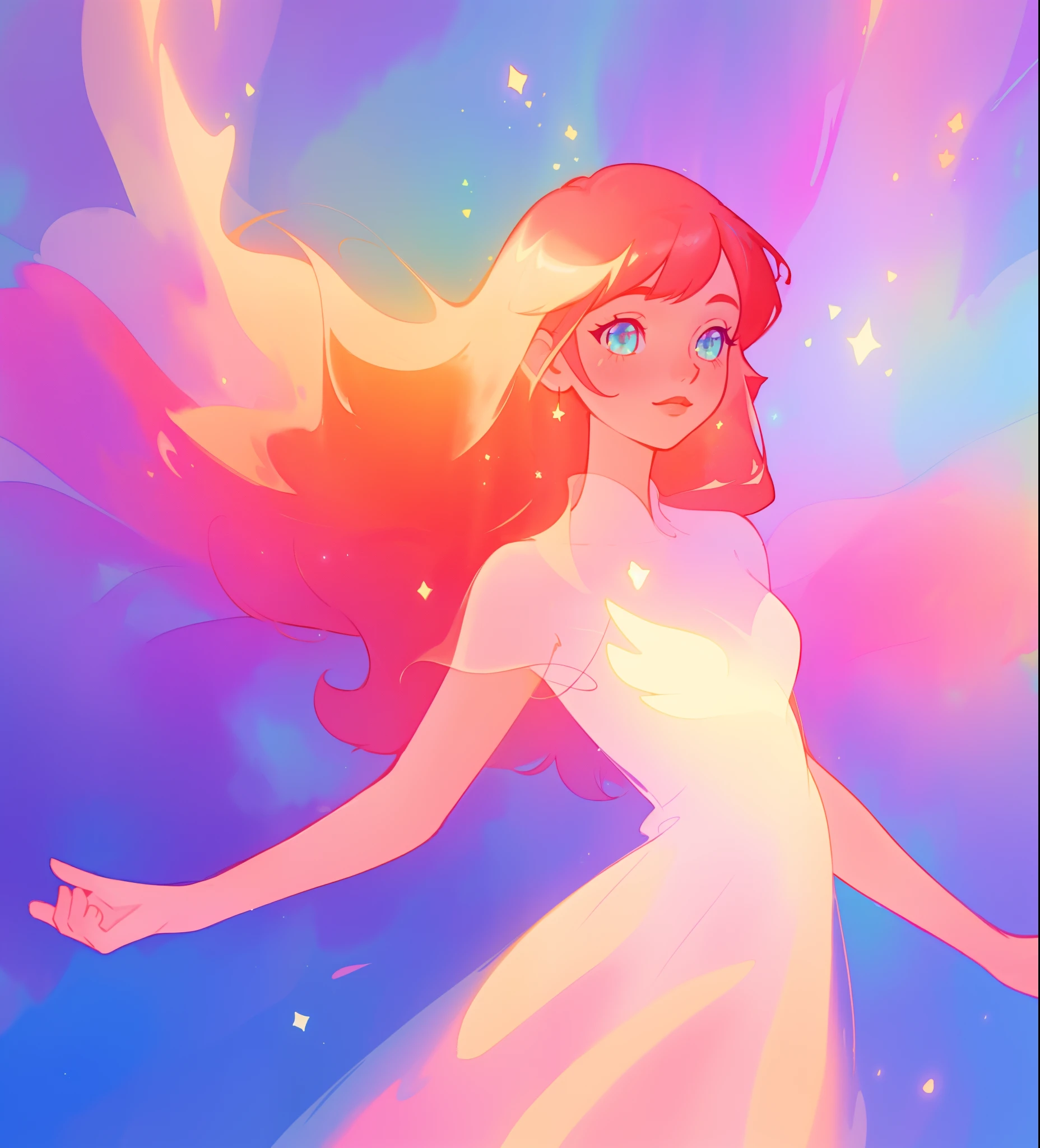 beautiful girl in colorful ballgown, long flowing red hair with golden highlights, vibrant pastel colors, (colorful), colorful watercolor background, ethereal, magical lights, sparkling liquid light, inspired by Glen Keane, inspired by Lois van Baarle, disney art style, by Lois van Baarle, glowing aura around her, by Glen Keane, jen bartel, glowing lights! digital painting, flowing glowing hair, glowing flowing hair, beautiful digital illustration, fantasia background, whimsical, magical, fantasy, beautiful face, ((masterpiece, best quality)), intricate details, highly detailed, sharp focus, 8k resolution, sparkling detailed eyes, liquid watercolor