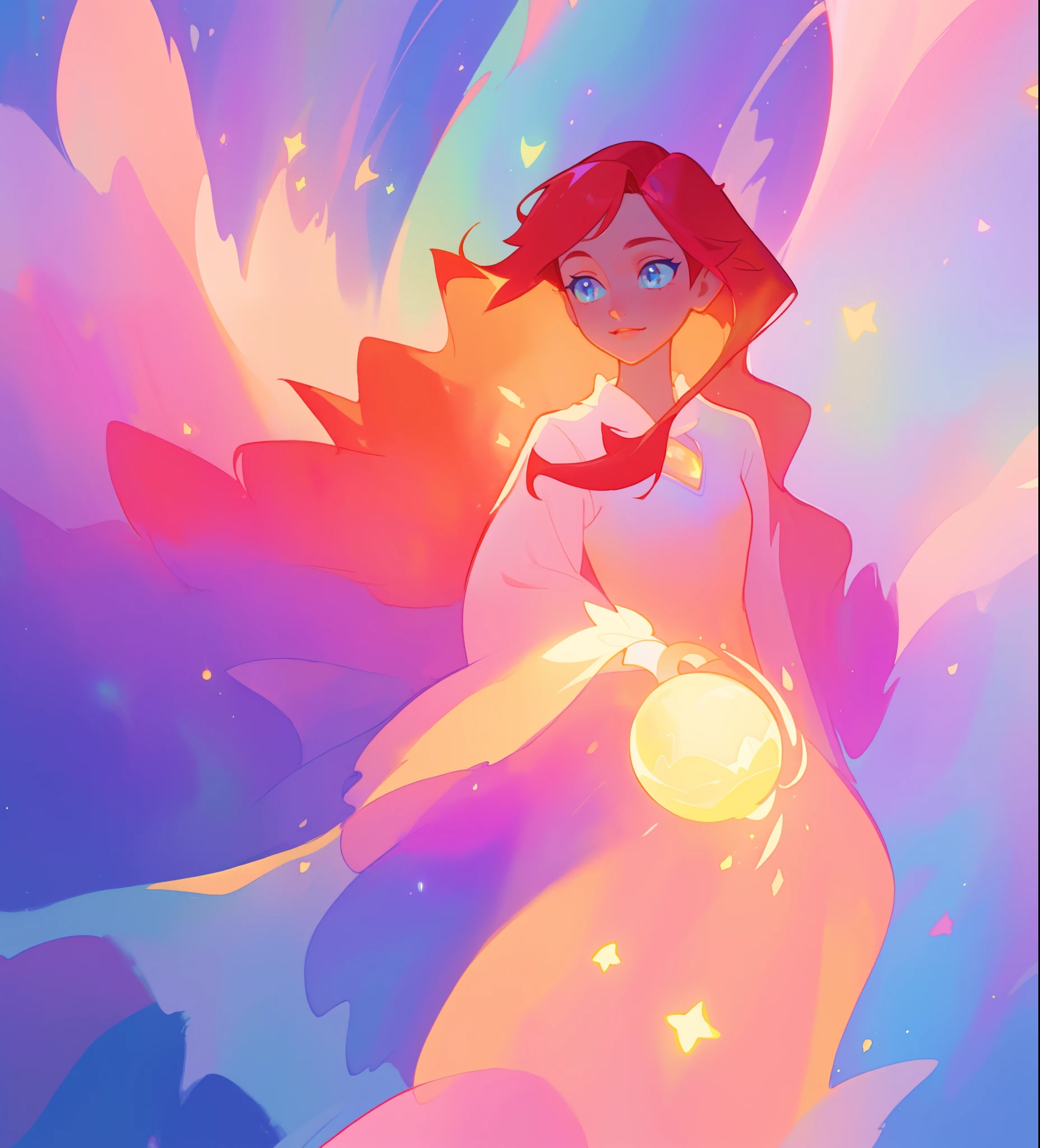 beautiful girl in colorful ballgown, long flowing red hair with golden highlights, vibrant pastel colors, (colorful), colorful watercolor background, ethereal, magical lights, sparkling liquid light, inspired by Glen Keane, inspired by Lois van Baarle, disney art style, by Lois van Baarle, glowing aura around her, by Glen Keane, jen bartel, glowing lights! digital painting, flowing glowing hair, glowing flowing hair, beautiful digital illustration, fantasia background, whimsical, magical, fantasy, beautiful face, ((masterpiece, best quality)), intricate details, highly detailed, sharp focus, 8k resolution, sparkling detailed eyes, liquid watercolor