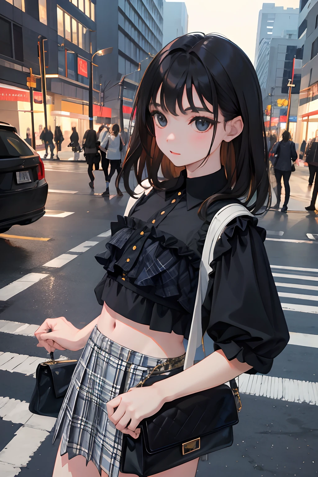 (),(masterpiece,Highest Quality),Black blouse,Crop Top Look,plaid skirts,Bag,A dark-haired,crosswalk