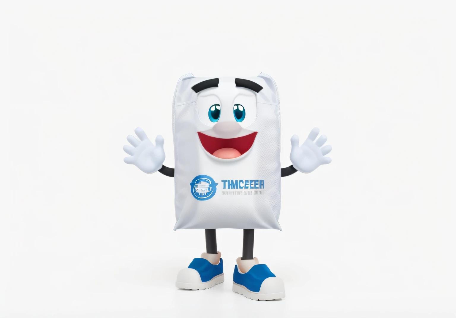 A cartoon character of a big bag that is a flexible container with hands , pes , olhos, boca  , mascote de corpo inteiro, with handle Disney 3D Character High Quality Topical Rendering,