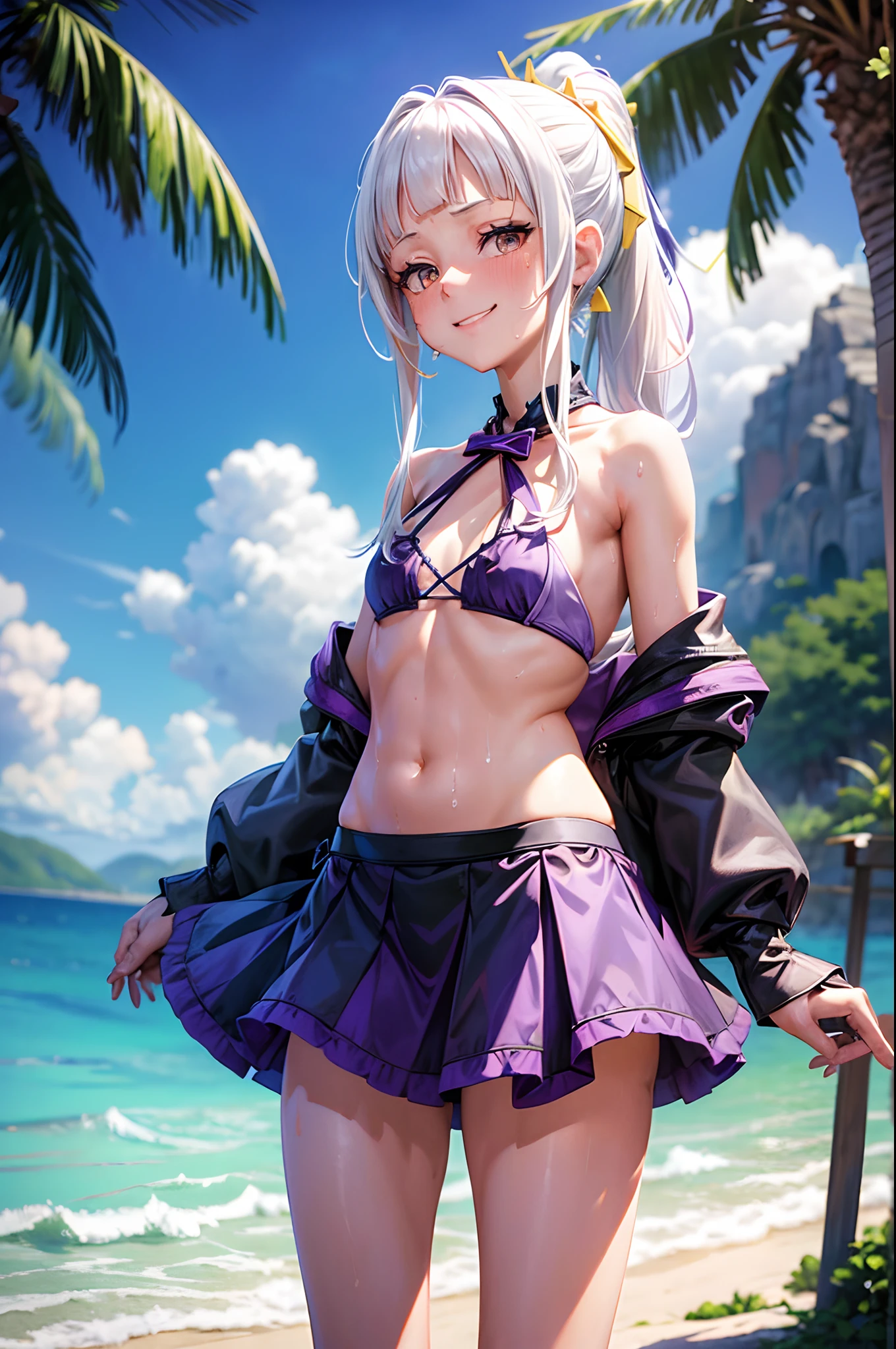 (masterpiece, 8k, ultra detailed, best quality, highres), Murasaki Shion:1.2, solo:1.1 (White hair, smug smiling, sweating, at the beach, open legs for viewers to see:1.4, view from the front:1.2, sitting, nsfw, front view, ponytail:1.2, cameltoe, Purple String Bikini:1.4, (flat chested, small breasts), nsfw, oily skin, sunny day, hands on legs, hands squishing thighs)