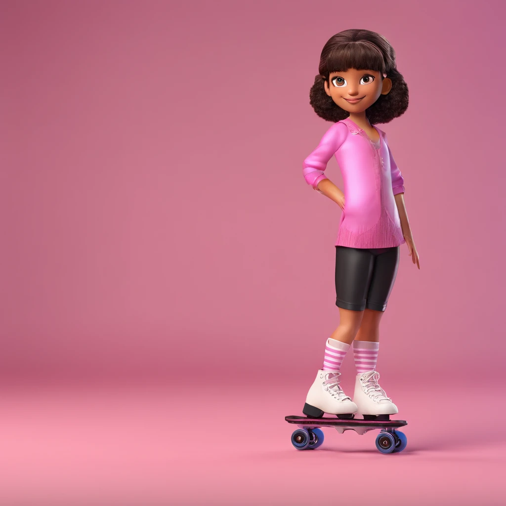 crie uma personagem de 7 anos, pele morena clara, cabelo longo preto com franja, olhos castanho escuro, vestida de short rosa e blusa branca, Wearing pink roller skates on her feet