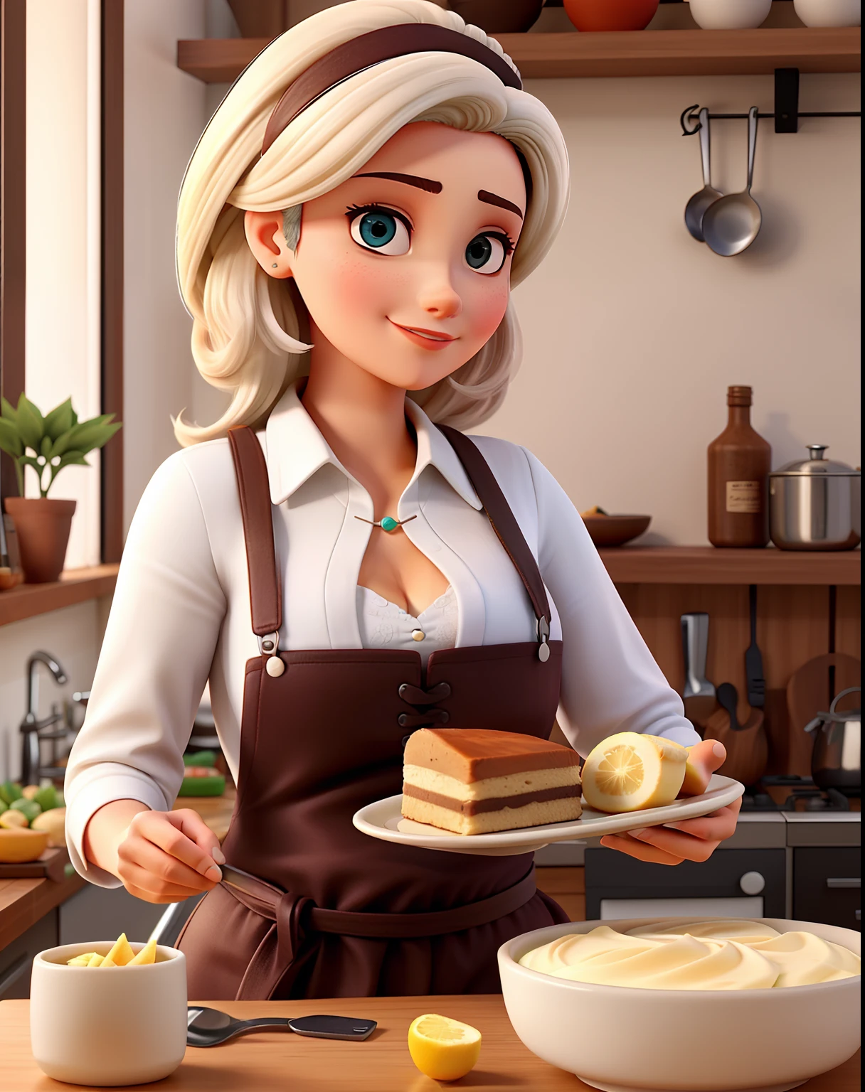 Uma mulher branca e com os cabelos loiros, em uma cozinha fazendo bolo.