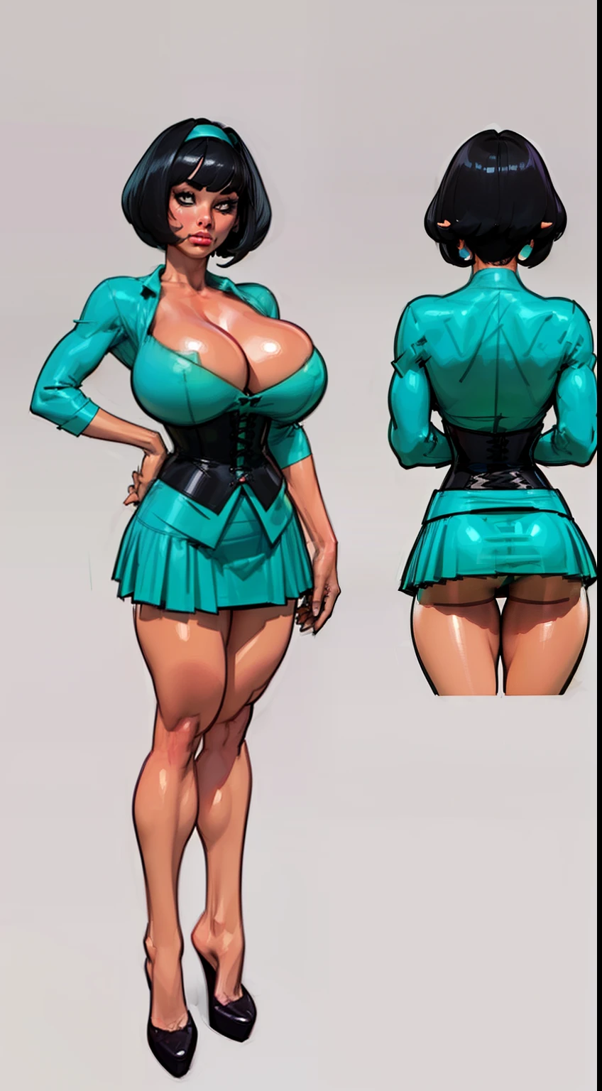 ((masterpiece)),(((best quality))),((character design sheet)), ((full body view)) illustration,1girl, muscular, ((tight mintgreen skirt:1.2)), buttercup, (mintgreen hairband),(dark black hair:1.3), greendress ((detailed face:1.4)) ((gigantic breasts:1.3)), beautiful woman, slick bobcut, (black corset:1.1)shiny skin, (thick legs), scribbles and marks, , rough sketches, pose, 8k,16k, (simple background, white background: 1.3)