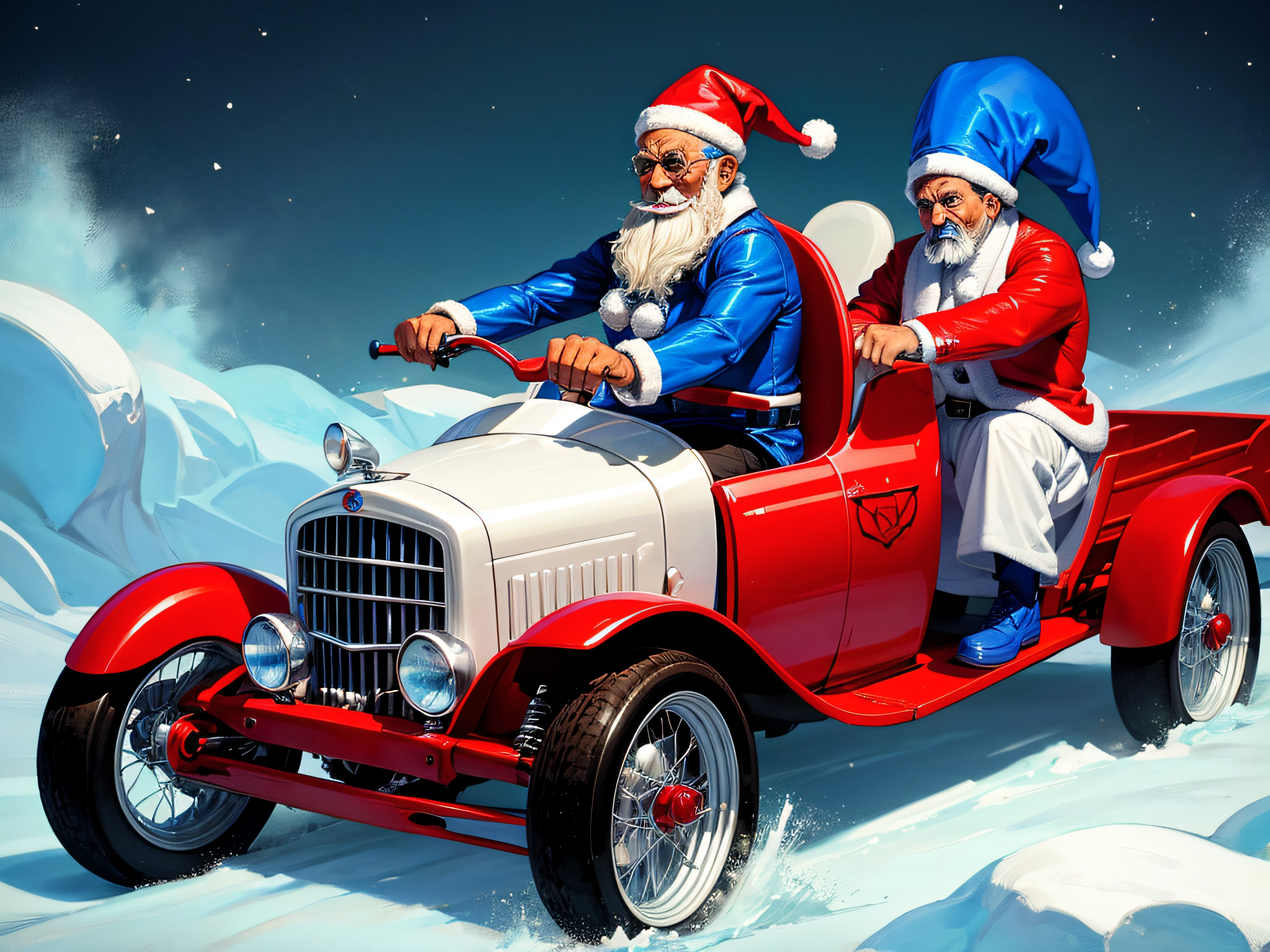 Pimpin Santa and Papa Smurf riding again an a low rider sleigh, highly detailed, humorous