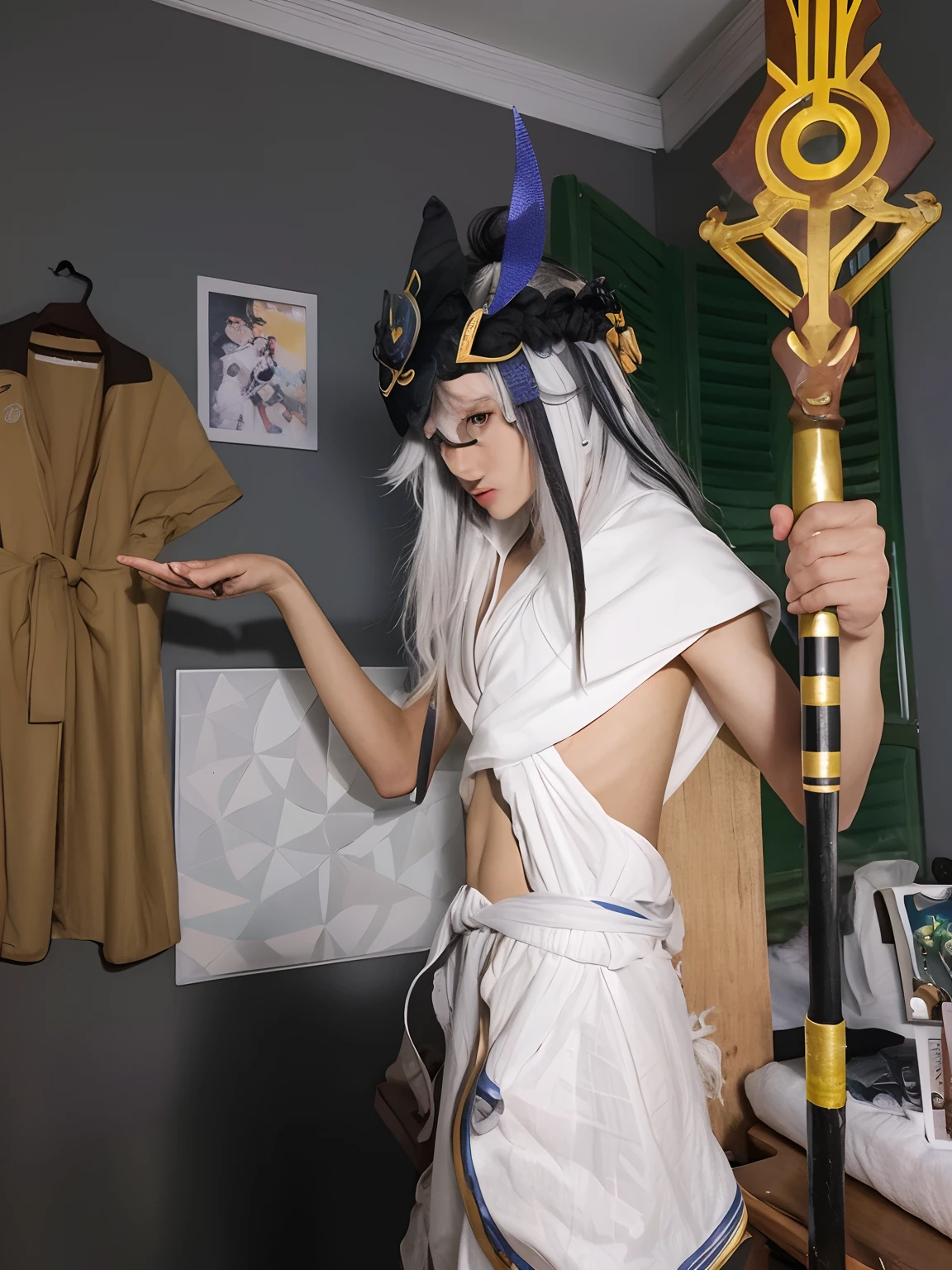 1boy, Cyno Genshin Impact, white robe, short hair, white hair, big eye,side look, realistic, ultra detail, 70mm lens,