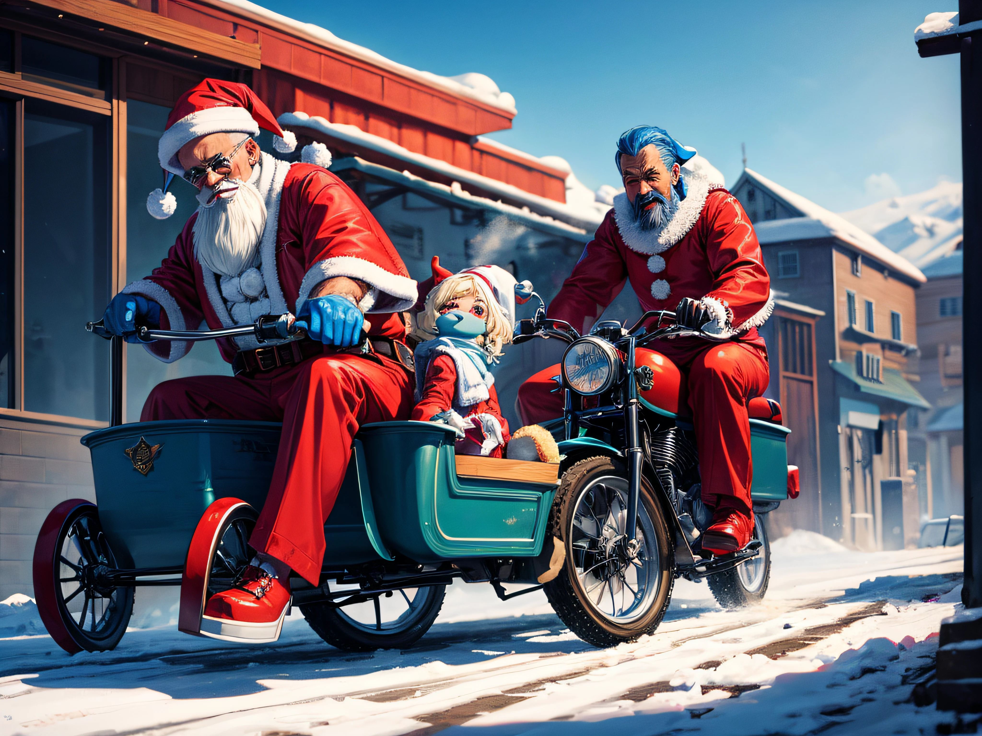 Pimpin Santa and Papa Smurf riding again an a low rider sleigh, highly detailed, humorous