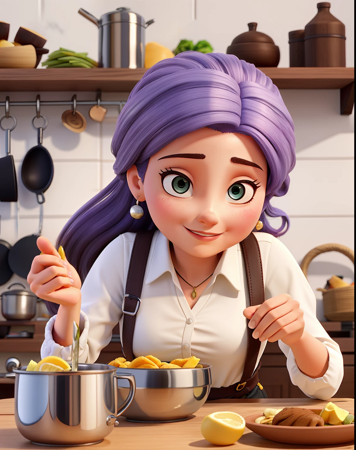 Uma mulher branca e com os cabelos loiros, em uma cozinha fazendo bolo