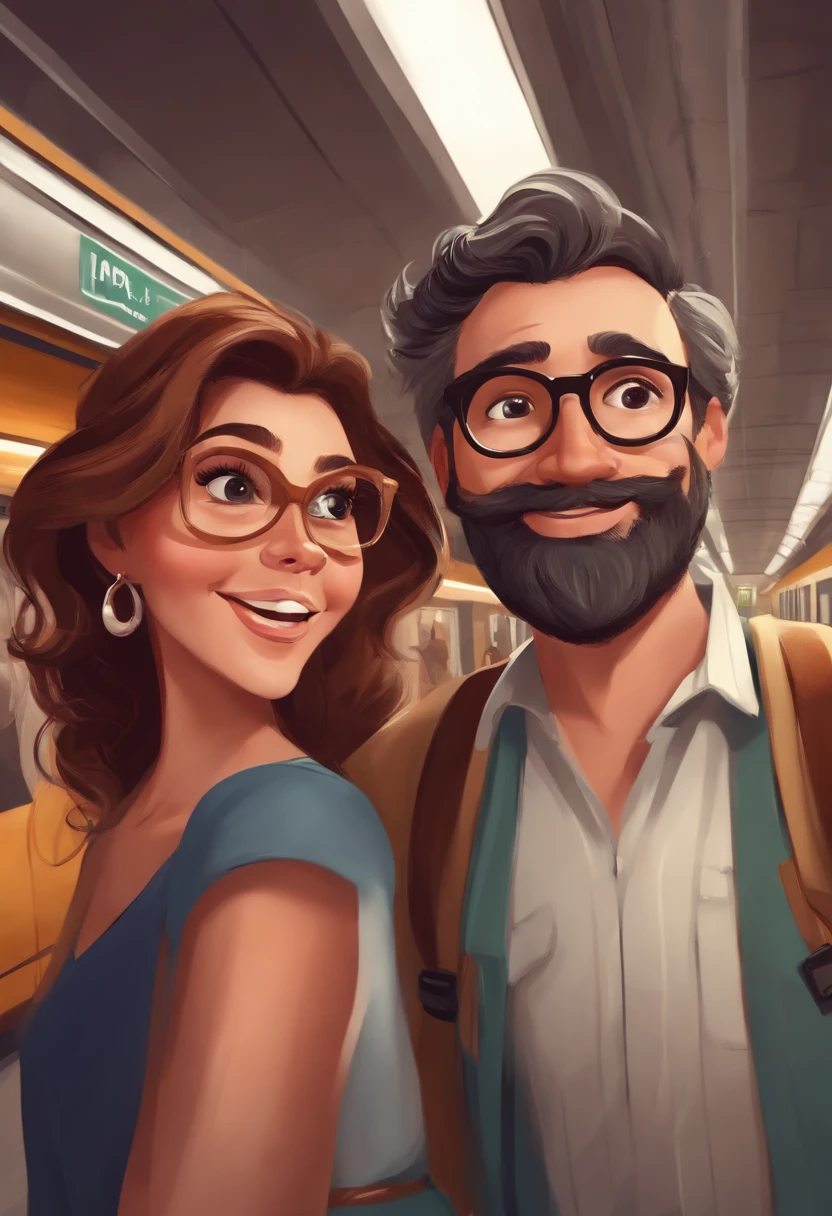 Masterpiece, best quality, cartoon style pixar disney, there is a man and woman taking a selfie in a subway station, happy couple, in sao paulo, with nerdy! glasses! and gray beard, lovely couple.