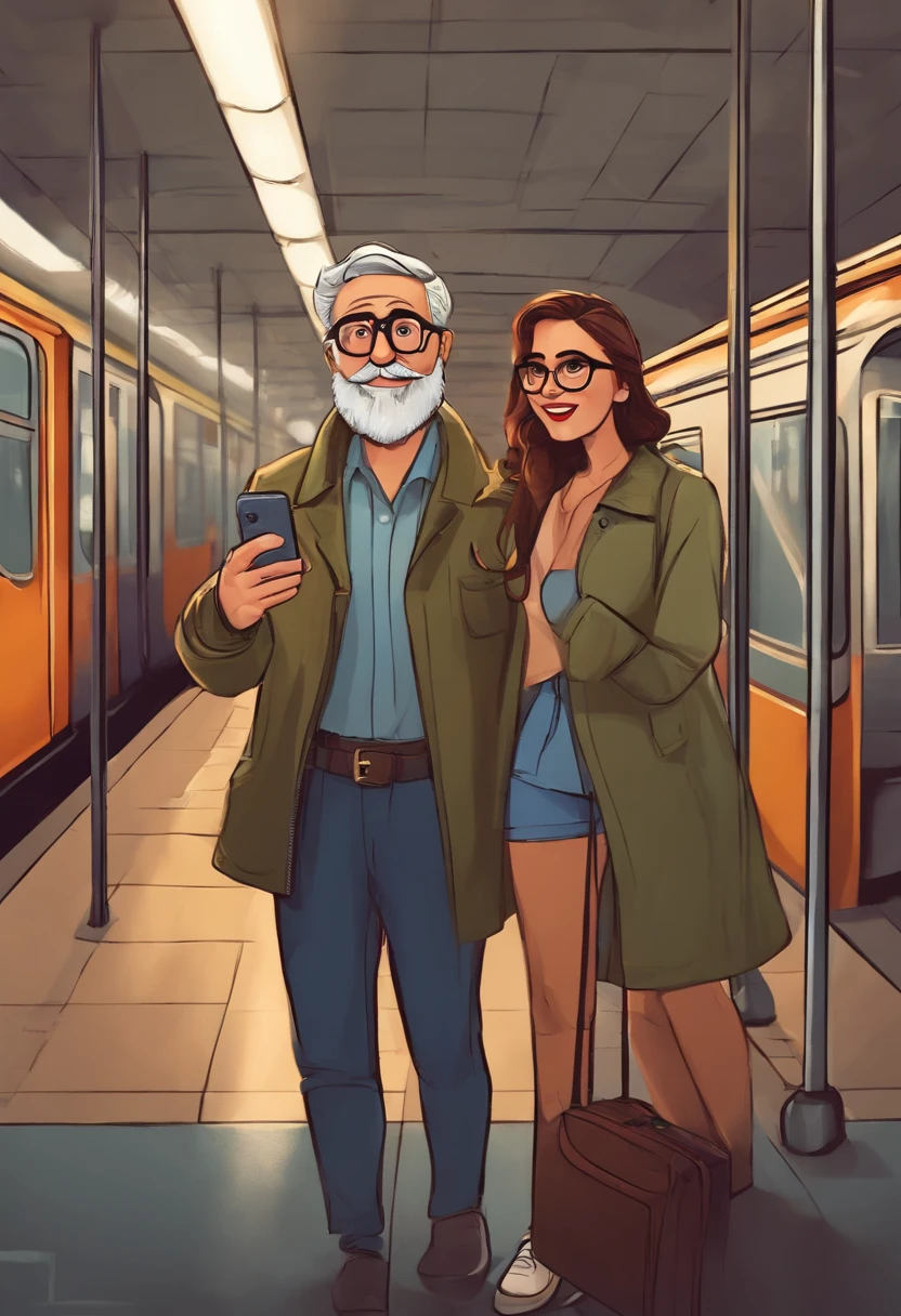 Masterpiece, best quality, cartoon style pixar disney, there is a man and woman taking a selfie in a subway station, happy couple, in sao paulo, with nerdy! glasses! and gray beard, lovely couple.