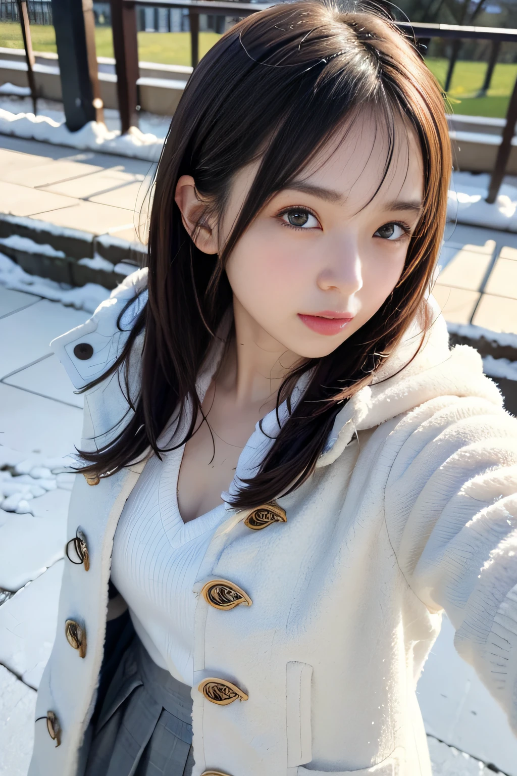 Winters,Snowy landscape,lacepantyhose,((Duffel coat))、depth of fields,Real Light,Ray traching,OC Renderer,UE5 Renderer,Hyper-realistic,best qualtiy,8K,Works of masters,super-fine,Correct anatomy、(Best Quality, 4K, masutepiece: 1.3), Beautuful Women、selfie、Hyper-realistic, 1girl in,hyperdetailed face,Detailed eyes,二重まぶた, (Beautiful detailed lips), beautiful countenance、(Shy smile:0.4)、Skinny face、Pointed jaws、Japanese high school girl、18year old、