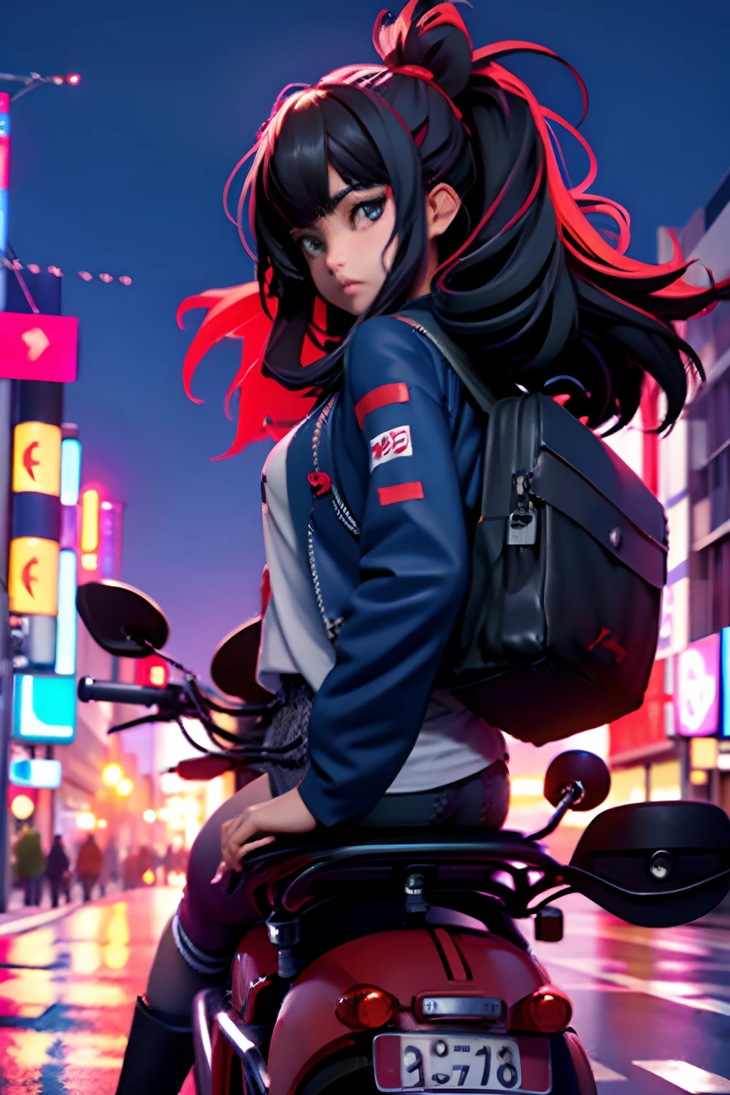 Japanese girl 17 years old with black flowing hair in school uniform, backpack, Fast riding a red motorcycle in the city at night, tmasterpiece, beste-Qualit