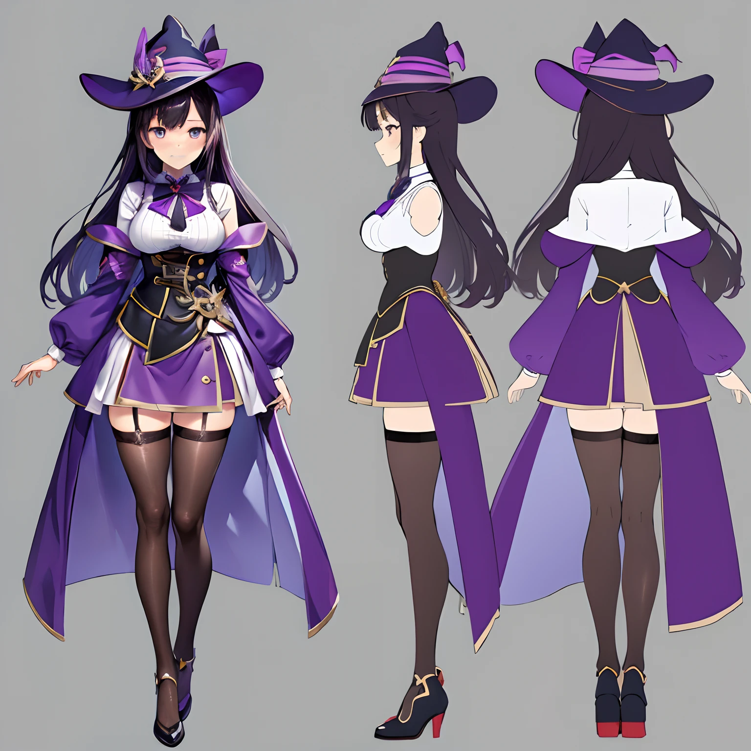 ((masterpiece)),(((best quality))),(character design sheet, same character,sMee outfit, front, side, back), illustration, 1 girl, beautiful girl, genshin impact style, full body, witch , purple witch outfit, big witch hat, golden eyes, long black hair, medium breasts, purple mini skirt, corset, white shirt, open legs, black thick thighs , tight stockings, white background.