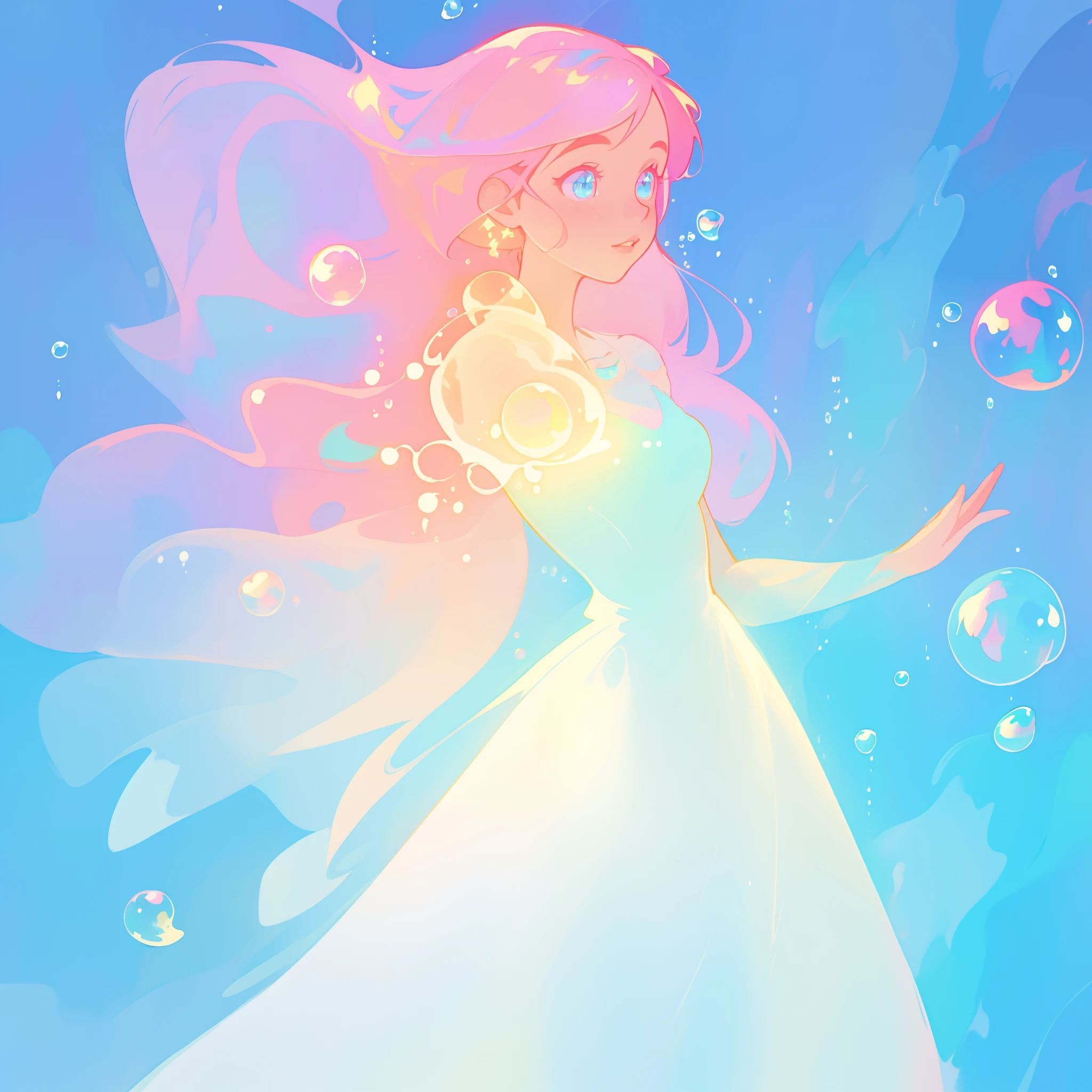 beautiful anime girl in colorful liquid dress, vibrant pastel colors, flowing long pink peach hair, beautiful white layered ballgown, (colorful), magical lights, sparkling lines of light, inspired by Glen Keane, inspired by Lois van Baarle, disney art style, by Lois van Baarle, glowing aura around her, by Glen Keane, jen bartel, glowing lights! digital painting, flowing glowing hair, glowing flowing hair, beautiful digital illustration, fantasia background, whimsical, magical, fantasy, beautiful face, ((masterpiece, best quality)), intricate details, highly detailed, sharp focus, 8k resolution, sparkling detailed eyes, liquid watercolor, (((bubbles)))