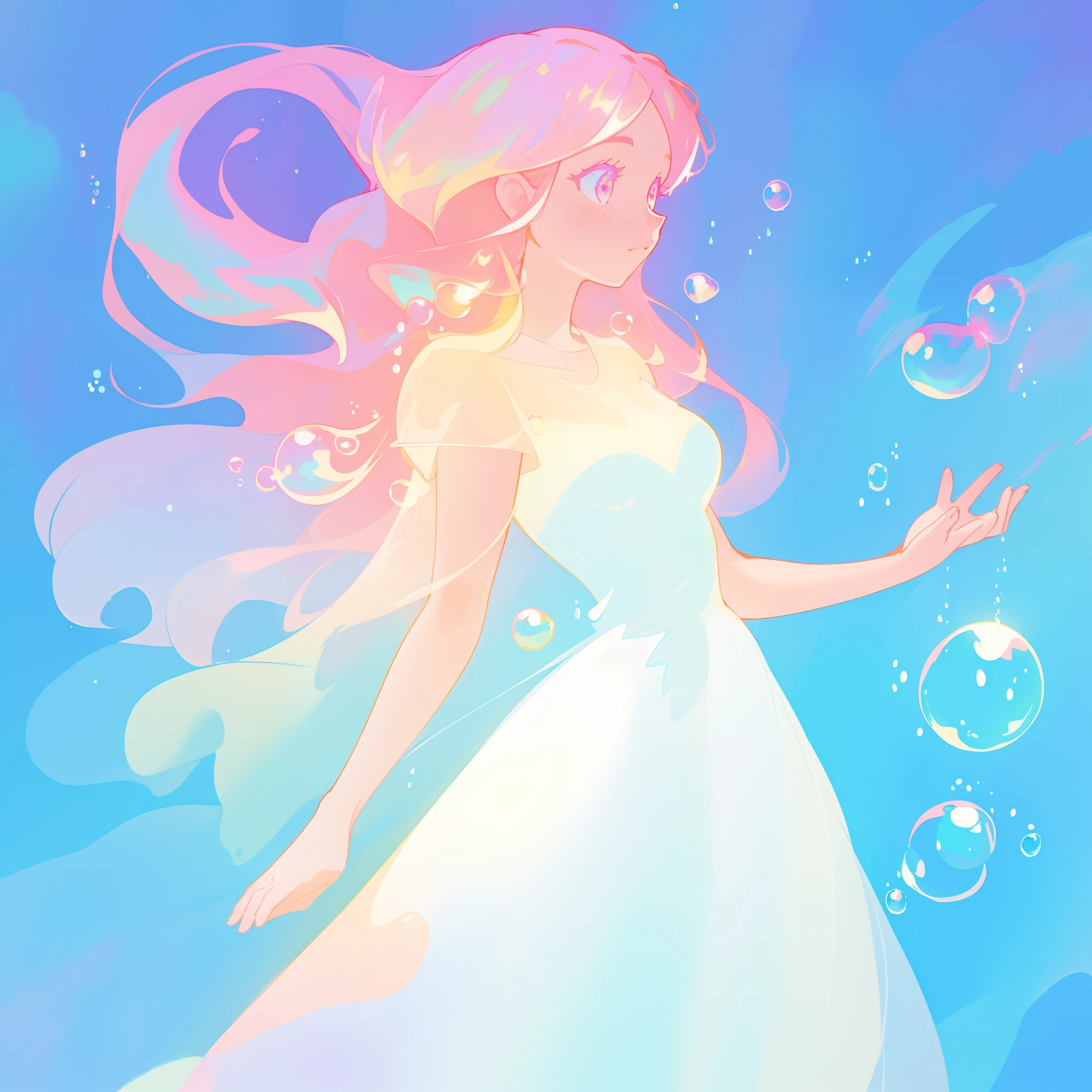 beautiful anime girl in colorful liquid dress, vibrant pastel colors, flowing long pink peach hair, beautiful white layered ballgown, (colorful), magical lights, sparkling lines of light, inspired by Glen Keane, inspired by Lois van Baarle, disney art style, by Lois van Baarle, glowing aura around her, by Glen Keane, jen bartel, glowing lights! digital painting, flowing glowing hair, glowing flowing hair, beautiful digital illustration, fantasia background, whimsical, magical, fantasy, beautiful face, ((masterpiece, best quality)), intricate details, highly detailed, sharp focus, 8k resolution, sparkling detailed eyes, liquid watercolor, (((bubbles)))