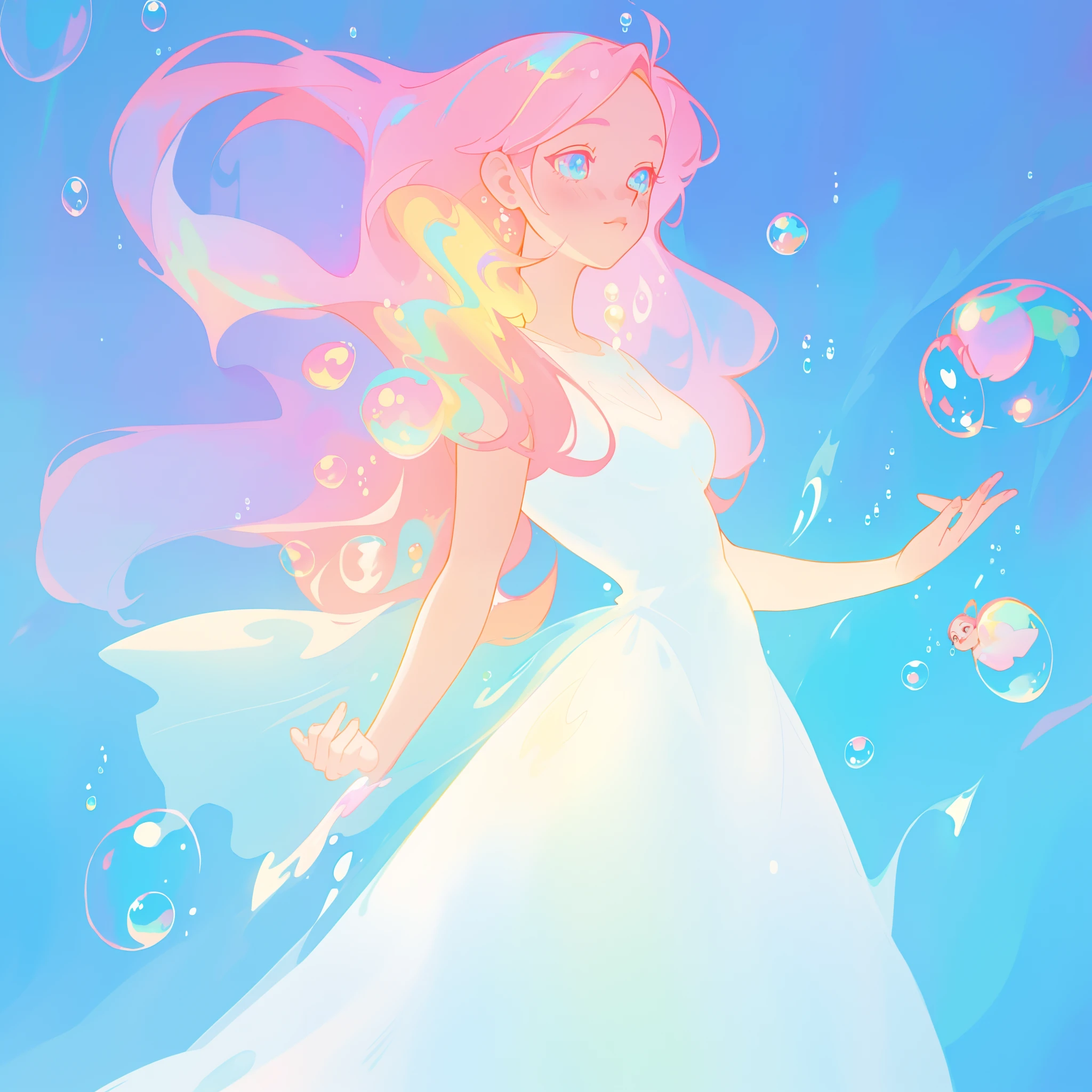 beautiful anime girl in colorful liquid dress, ((hundreds of iridescent bubbles)), vibrant pastel colors, flowing long pink peach hair, beautiful white layered ballgown, (colorful), magical lights, sparkling lines of light, inspired by Glen Keane, inspired by Lois van Baarle, disney art style, by Lois van Baarle, glowing aura around her, by Glen Keane, jen bartel, glowing lights! digital painting, flowing glowing hair, glowing flowing hair, beautiful digital illustration, fantasia background, whimsical, magical, fantasy, beautiful face, ((masterpiece, best quality)), intricate details, highly detailed, sharp focus, 8k resolution, sparkling detailed eyes, liquid watercolor, (((bubbles)))
