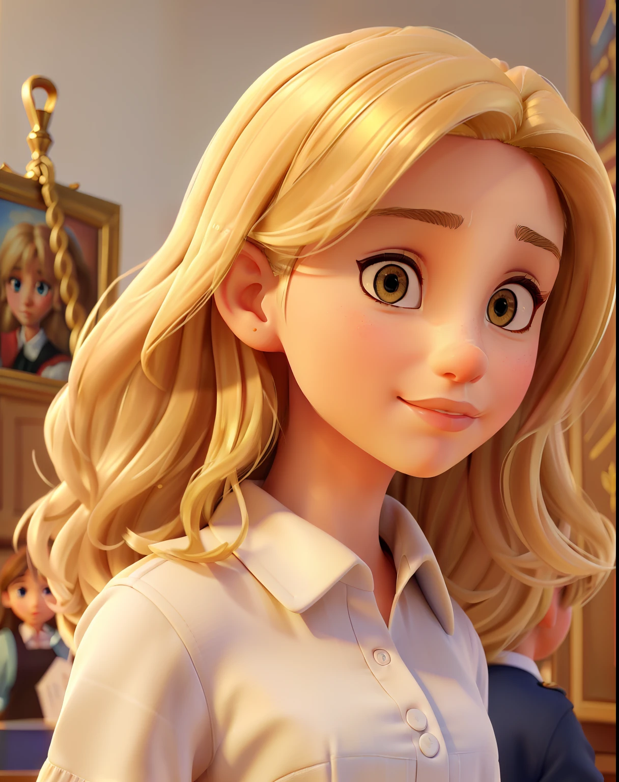 (a girl, a blonde lawyer, detailed eyes, small honey-colored eyes), (standing in front of a Court), (oil painting, portraits), (best quality, 4k, highres:1.2), ultra-detailed, realistic portrait, professional lighting, vibrant colors