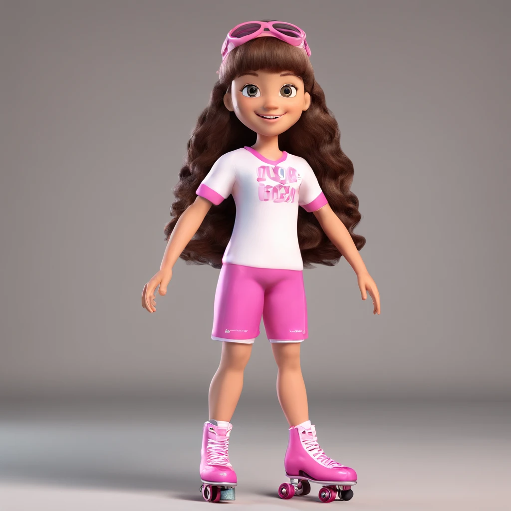 crie uma personagem de 7 anos, pele clara, cabelo liso longo preto com franja, olhos castanho escuro, vestida de short rosa e blusa branca, Wearing pink roller skates on her feet