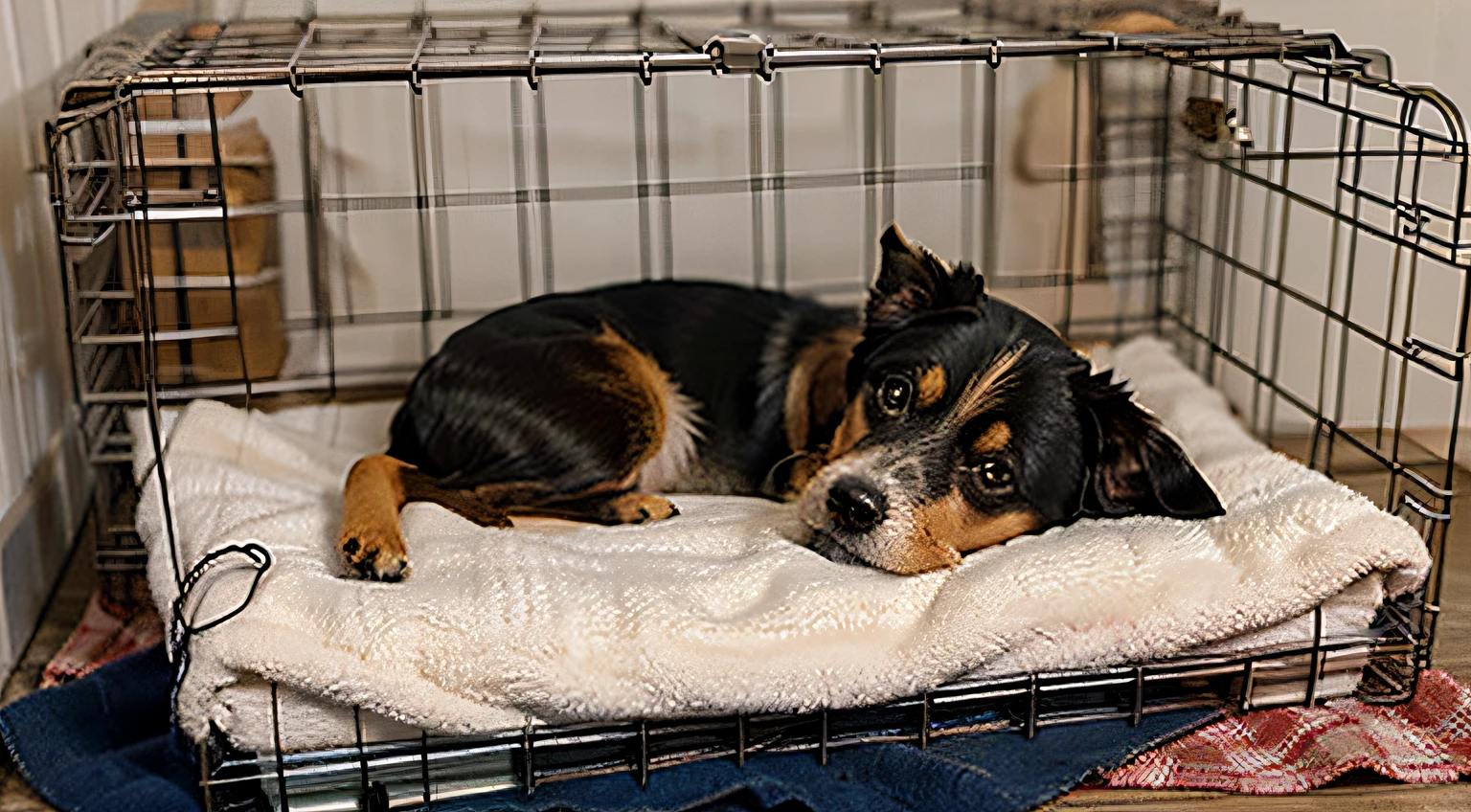 a cute dog laying on a blanket in a wire crate