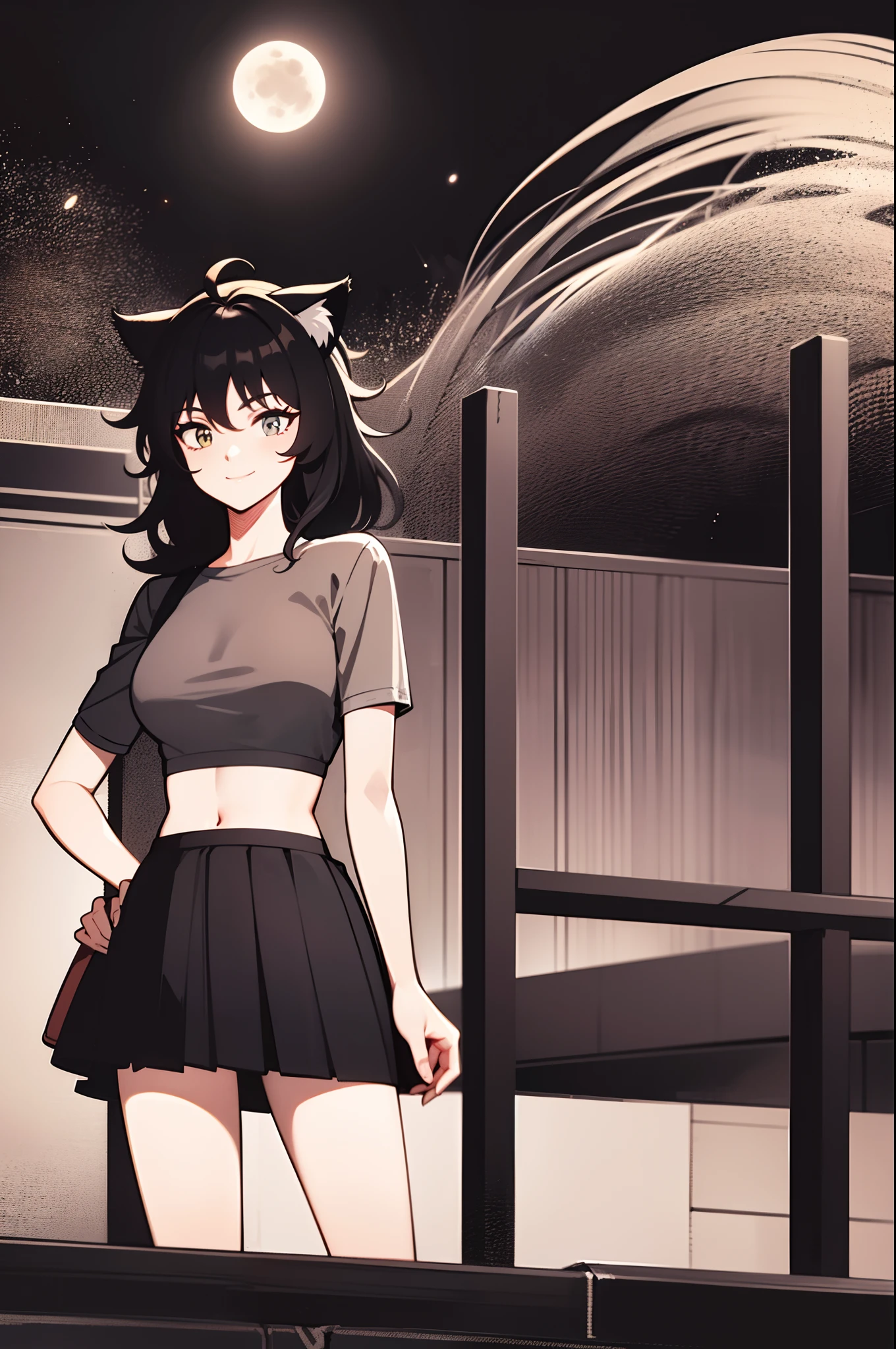 adult female in her twentiey, messy hair, dark theme, night moon, in the park at night, cat ears, cat tail, midriff, skirt, smile, adventure, adventurous, mystery, moonlit