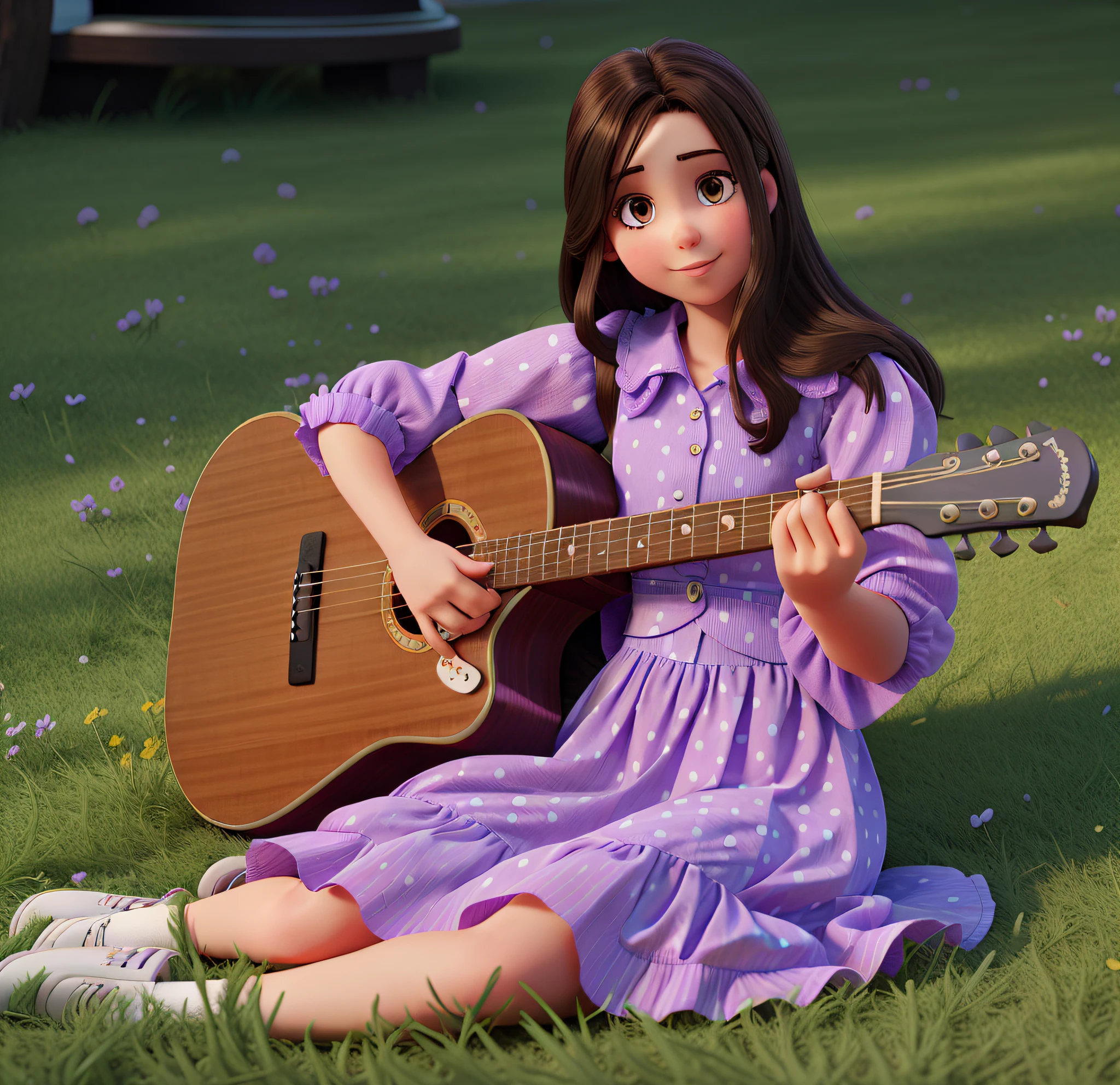 A brunette girl sitting on the grass in a long purple dress with white polka dots and with a guitar in her hand