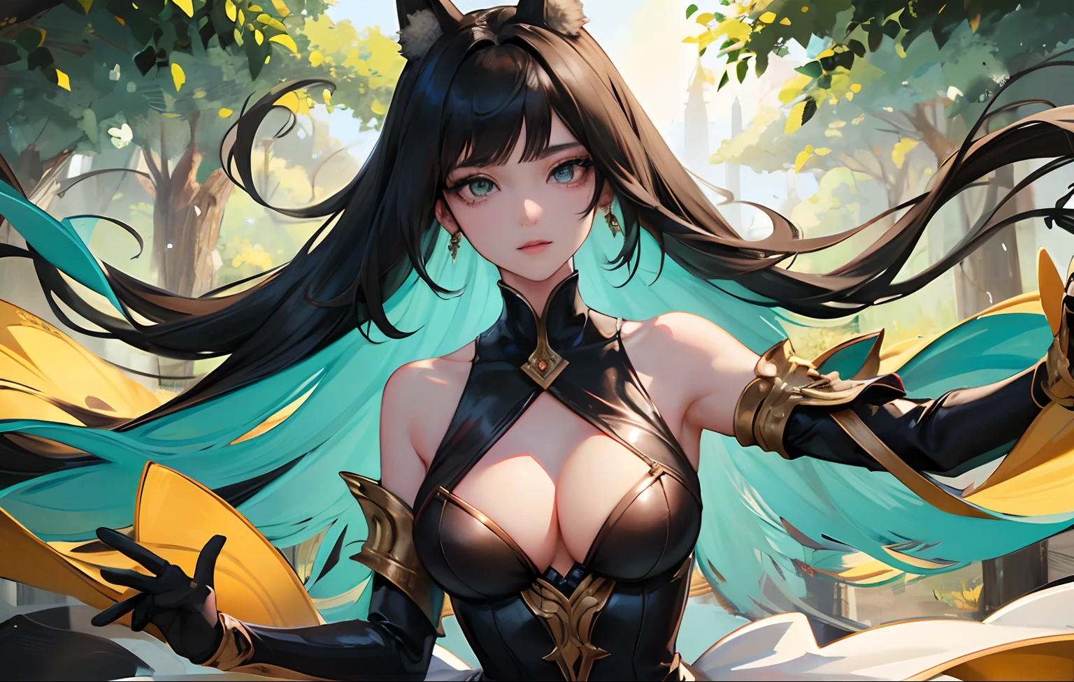 Exposure, 2-Dimensional, HD, HSV, VR, Dot, Optical Fiber, insanely detailed and intricate, hypermaximalist, elegant, ornate, hyper realistic, super detailed, A pretty anime girl, that its under the sun light in the hill, rounded by a lot of green grass, and som trees, and a bit of wind its moving her hair, she has, black hair, and fox ears, it a semi-human, semi-fox, she, its not showing too much skin, its very dresed --auto