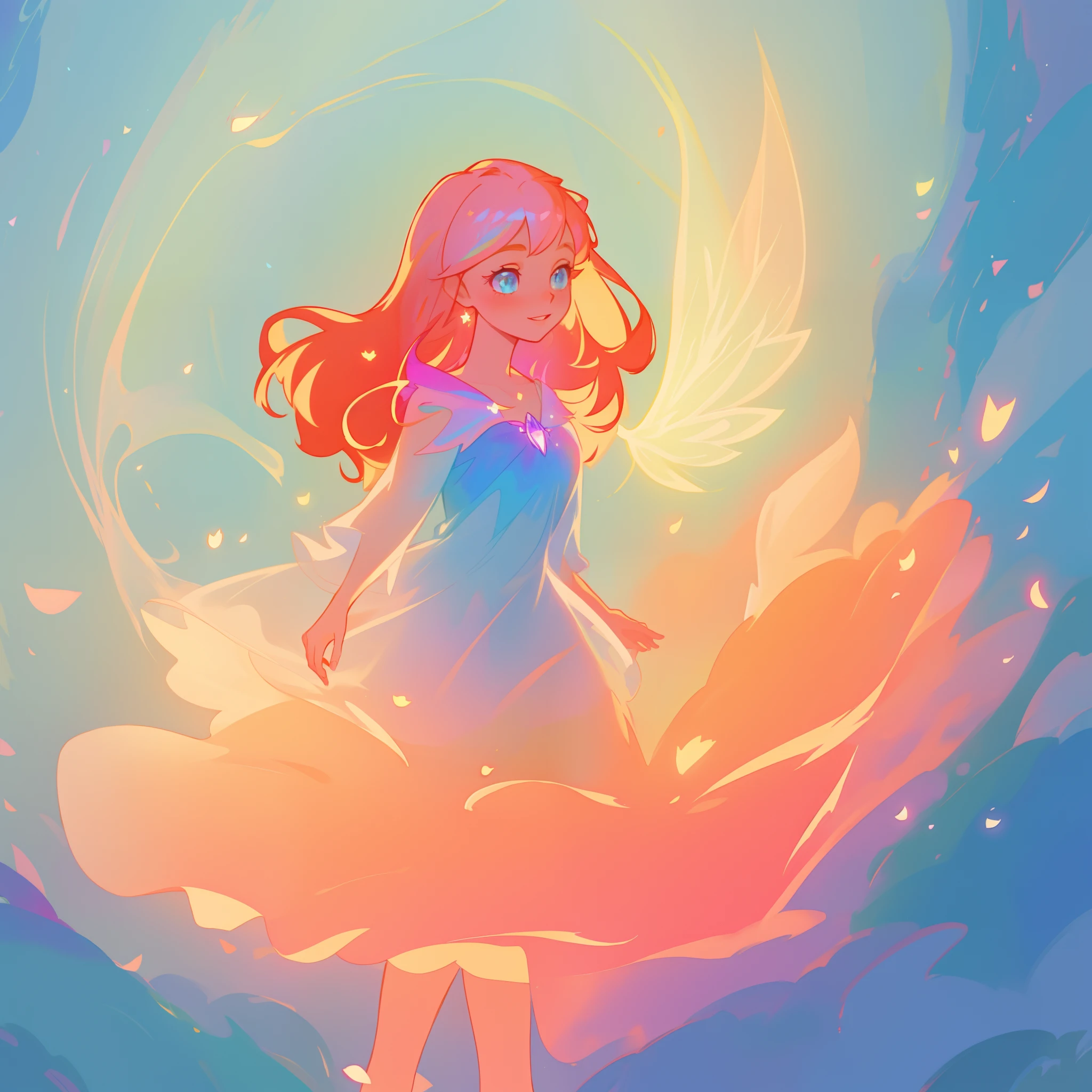 beautiful girl, tiered layered flower petal dress, fairy queen, fairy wings, fairy gown, vibrant pastel colors, (colorful), glowing golden long hair, magical lights, sparkling magical liquid, inspired by Glen Keane, inspired by Lois van Baarle, disney art style, by Lois van Baarle, glowing aura around her, by Glen Keane, jen bartel, glowing lights! digital painting, flowing glowing hair, glowing flowing hair, beautiful digital illustration, fantasia background, whimsical, magical, fantasy, ((beautiful face)), ((masterpiece, best quality)), intricate details, highly detailed, sharp focus, 8k resolution, sparkling detailed eyes, liquid watercolor