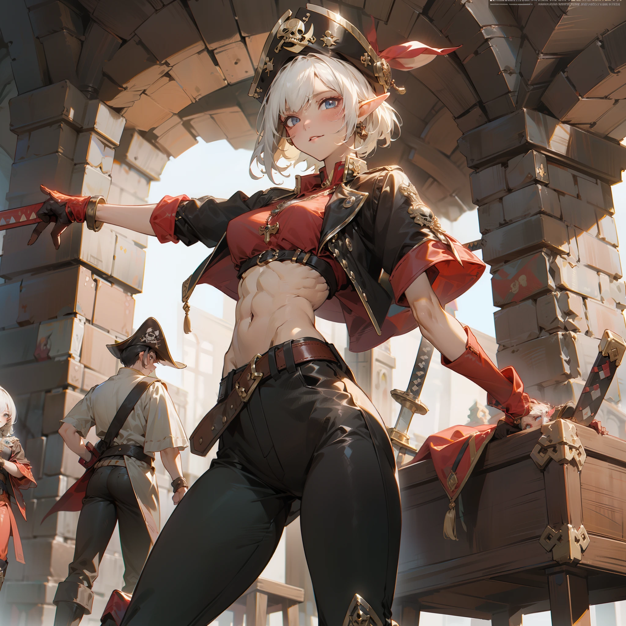 A beautiful female pirate stands in front of a large treasure chest, Female, beautiful elf race, white short hair, asymmetrical bang, insanley detailed face and eyes, Perfect lips, very beautiful and feminine, big breast, (abs: 1.3), Pirate king outfit, Black pirate hat with red feathers, Black leather jacket with gold accents, Black pants, Black boots, Large belt with sword sheath, Large black sword, (Inside the cave are various antiques, such as treasure chests, weapons, and jewelry as background), masterpiece, Aesthetic, dramatic, cinematic lighting, fine expression, fine detail, masterpiece, a digital art by Yusuke Murata.