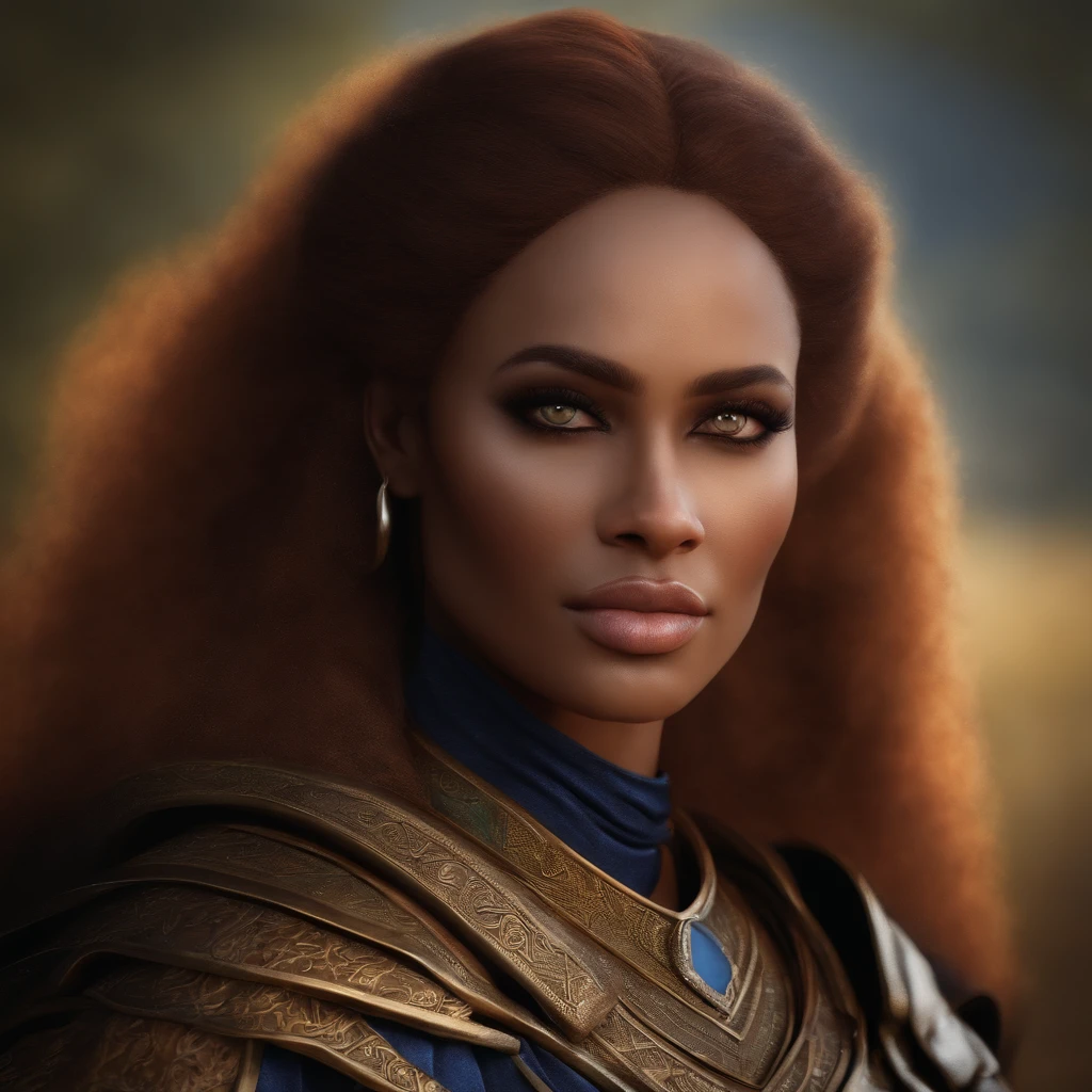 Photo, Raw, [bokeh], shallow DOF, sharp eyes focus , redhead, thicc body, full body shot, alone, ((30 year old black woman )), (((ultra realistic detailed eyes))), intricate eye details, cute smile, sweaty, wearing medieval copper plate armor , model shoot pose, ultra skin texture, ((ultra skin details)), skin imperfections, intricate details, ( sitting in dark sand dunes  ), long messy hair, fog, volumetric lighting, ((streaking light across face)), hair light, bloom, golden hour, dark shadows, visually interesting , low key, ultra realism