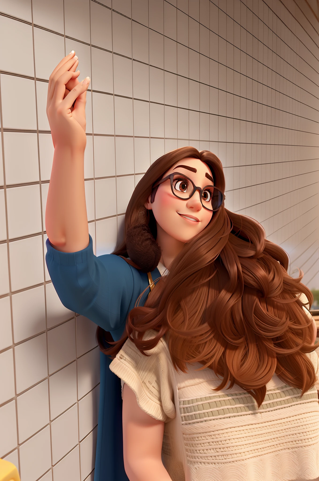 A brunette woman wearing sunglasses, estilo disney pixar