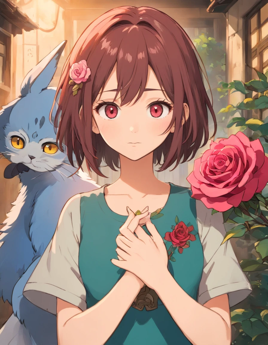 criar manga casal de duas mulheres , uma branca cabelos pretos e franja , olhos castanhos , tatuagem de rosa na mao esqueda junto com a escrita amor em japones e tatuagem de the last of us na mao direita , camisa preta . a outra mulher cabelo curto cacheado , brinco de argola , pele parda , pinta no rosto perto do olho , Rose tattoo on right hand , estatura baixa