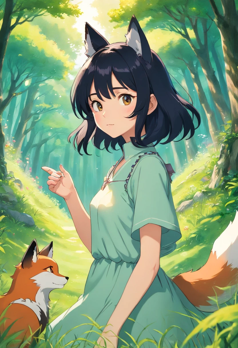 Exposure, 2-Dimensional, HD, HSV, VR, Dot, Optical Fiber, insanely detailed and intricate, hypermaximalist, elegant, ornate, hyper realistic, super detailed, A pretty anime girl, that its under the sun light in the hill, rounded by a lot of green grass, and som trees, and a bit of wind its moving her hair, she has, black hair, and fox ears, it a semi-human, semi-fox, she, its not showing too much skin, its very dresed