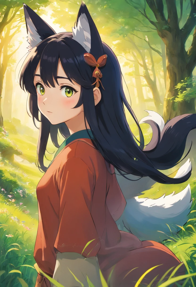Exposure, 2-Dimensional, HD, HSV, VR, Dot, Optical Fiber, insanely detailed and intricate, hypermaximalist, elegant, ornate, hyper realistic, super detailed, A pretty anime girl, that its under the sun light in the hill, rounded by a lot of green grass, and som trees, and a bit of wind its moving her hair, she has, black hair, and fox ears, it a semi-human, semi-fox, she, its not showing too much skin, its very dresed